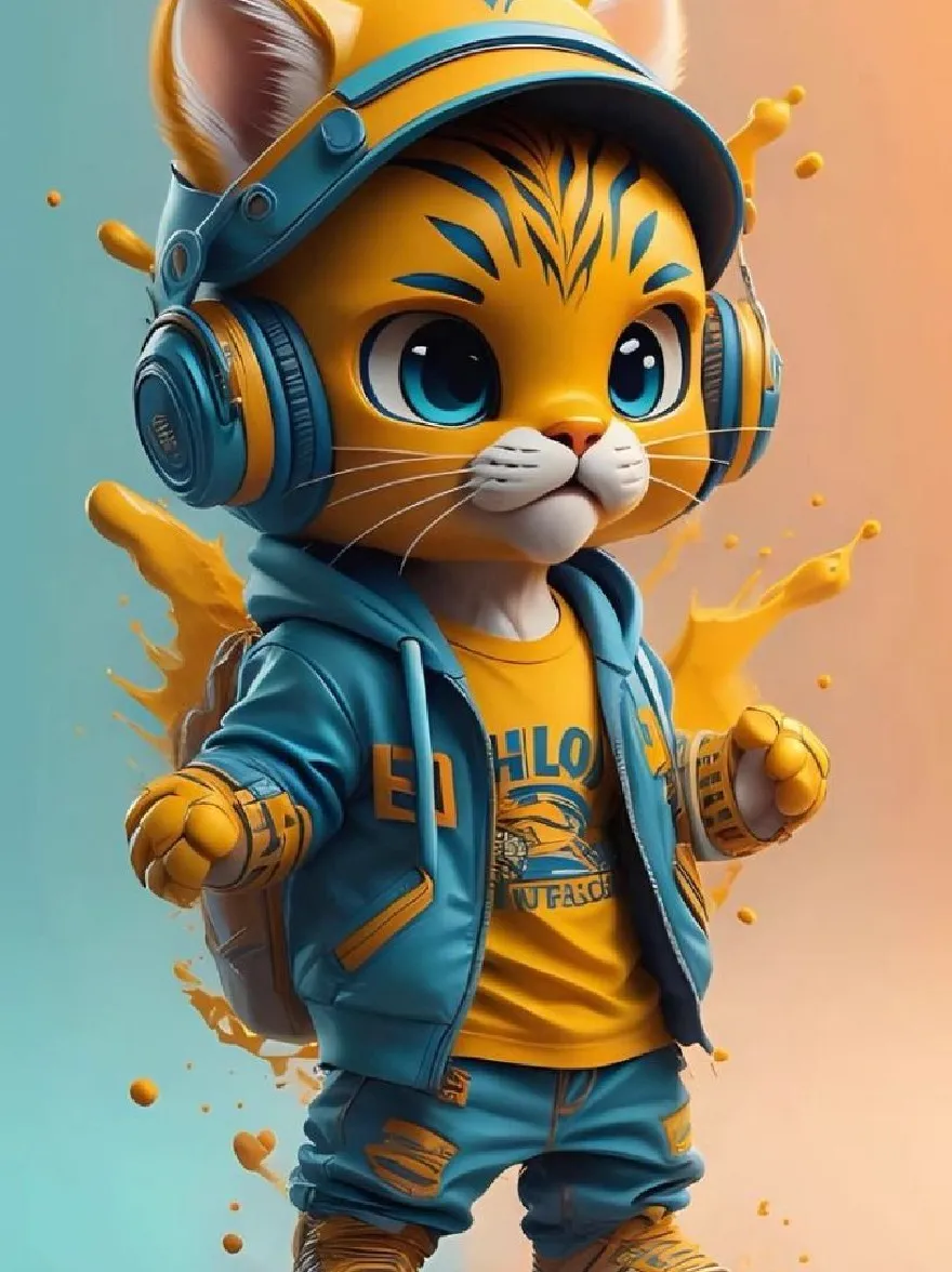Русский промпт: Милая цифровая иллюстрация в стиле мультфильма милой, антропоморфной кошки с большими, выразительными голубыми глазами и игривым выражением. Кошка носит синюю и желтую полосатую толстовку, желтую футболку со словом «elo», напечатанной на ней, и подходящими синими брюками. У него также есть пара синих наушников на голове. Фон представляет собой градиент пастельных цветов, с брызгами апельсиновой и желтой краски, придавая изображению яркое и энергичное ощущение. Персонаж стоит в центре изображения, с его руками подняты дружественным жестом. Стиль очень подробный и яркий, с игривым и игривым тоном. | Original prompt: A cute, cartoon-style digital illustration of a cute, anthropomorphic cat with large, expressive blue eyes and a playful expression. The cat is wearing a blue and yellow striped hoodie, a yellow t-shirt with the word "ELO" printed on it, and matching blue pants. It also has a pair of blue headphones on its head. The background is a gradient of pastel colors, with splashes of orange and yellow paint, giving the image a vibrant and energetic feel. The character is standing in the center of the image, with its arms raised in a friendly gesture. The style is highly detailed and vibrant, with a playful and playful tone.