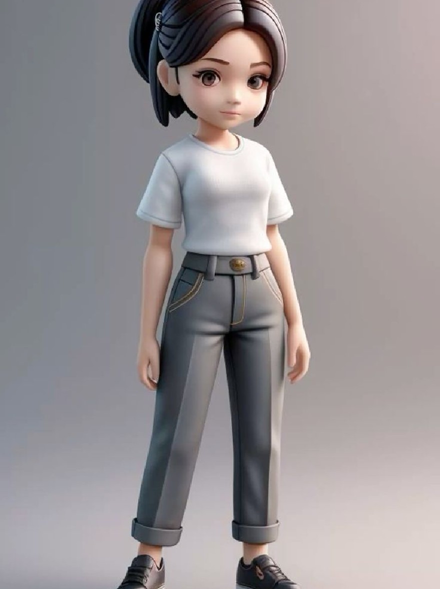 Русский промпт: 3D-рендеринг симпатичной аниме-девушки с каштановыми волосами, привязанными к высоким хвостиком, одетый в белую футболку и серые брюки с золотой кнопкой, стоящей в повседневной позе. У нее маленькое круглое лицо, карие глаза и нейтральное выражение. Фон - простой, светло -серый цвет. Изображение представляет собой высококачественную, подробную цифровую иллюстрацию с гладкой, отполированной отделкой. Девушка позируется симметрично, с ее руками в карманах и ногами слегка друг от друга. На ней черные кроссовки. | Original prompt: A 3D rendering of a cute anime girl with brown hair tied in a high ponytail, wearing a white t-shirt and gray pants with a gold button closure, standing in a casual pose. She has a small, round face, brown eyes, and a neutral expression. The background is a plain, light grey color. The image is a high-quality, detailed digital illustration with a smooth, polished finish. The girl is posed in a symmetrical manner, with her hands in her pockets and her feet slightly apart. She is wearing black sneakers.