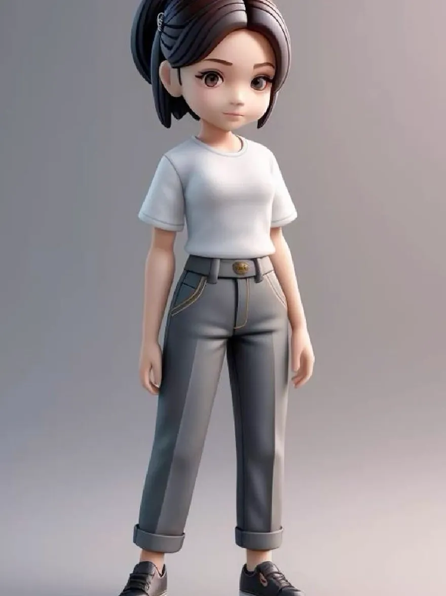 Русский промпт: 3D-рендеринг симпатичной аниме-девушки с каштановыми волосами, привязанными к высоким хвостиком, одетый в белую футболку и серые брюки с золотой кнопкой, стоящей в повседневной позе. У нее маленькое круглое лицо, карие глаза и нейтральное выражение. Фон - простой, светло -серый цвет. Изображение представляет собой высококачественную, подробную цифровую иллюстрацию с гладкой, отполированной отделкой. Девушка позируется симметрично, с ее руками в карманах и ногами слегка друг от друга. На ней черные кроссовки. | Original prompt: A 3D rendering of a cute anime girl with brown hair tied in a high ponytail, wearing a white t-shirt and gray pants with a gold button closure, standing in a casual pose. She has a small, round face, brown eyes, and a neutral expression. The background is a plain, light grey color. The image is a high-quality, detailed digital illustration with a smooth, polished finish. The girl is posed in a symmetrical manner, with her hands in her pockets and her feet slightly apart. She is wearing black sneakers.