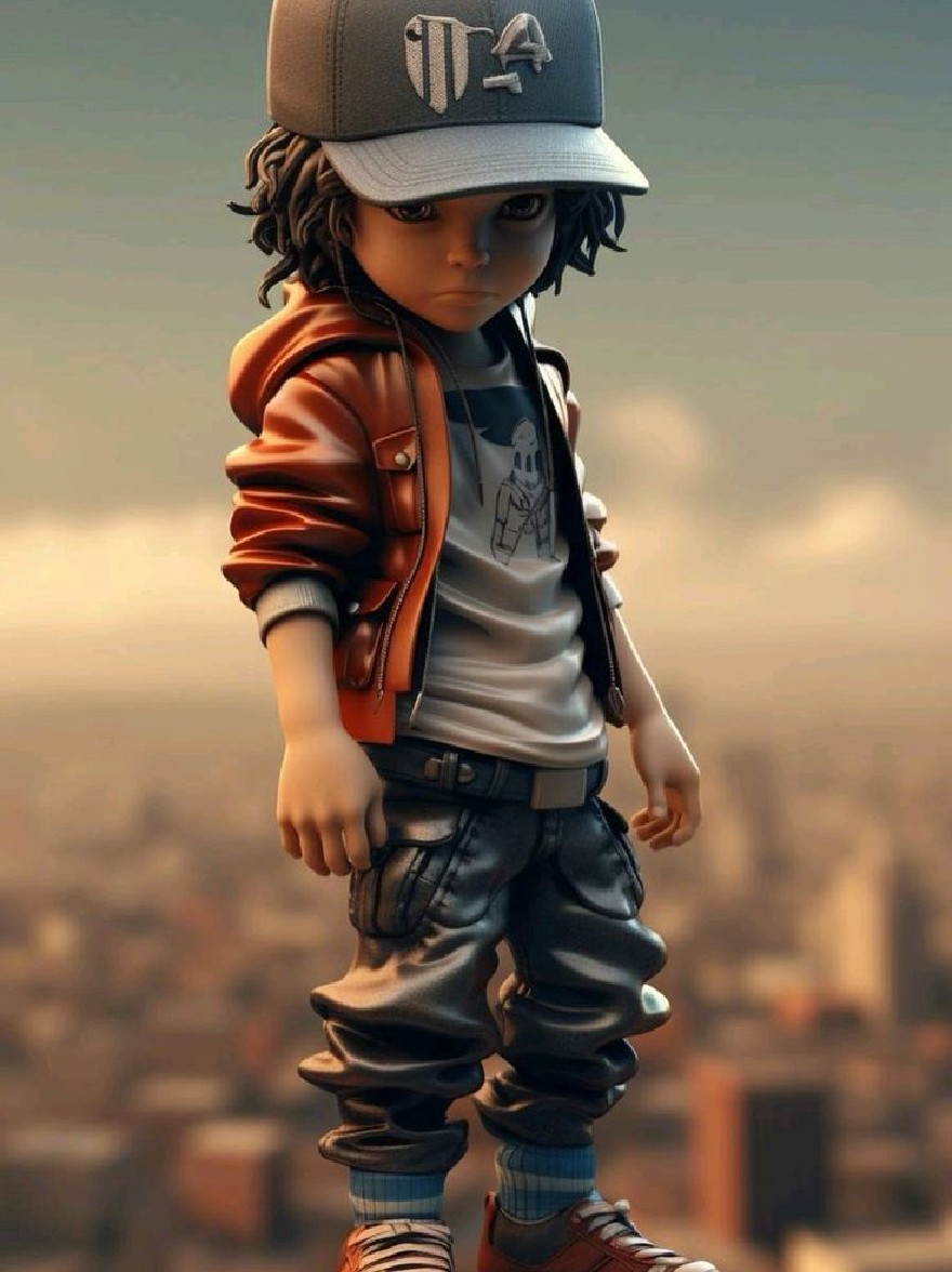 Русский промпт: Фото молодого мальчика с вьющимися черными волосами в серой бейсбольной кепке с белым логотипом, белой футболкой с графическим дизайном, красной кожаной курткой, черными грузовыми штанами и красными кроссовками. Он стоит на бетонном выступе с размытым городским пейзажем на заднем плане. У мальчика серьезное выражение и смотрит прямо на камеру. Освещение мягкое и теплое, что придает изображению уютную и непринужденную атмосферу. Изображение высококачественное и имеет 3D -рендеринг. | Original prompt: Photo of a young boy with curly black hair wearing a grey baseball cap with a white logo, a white t-shirt with a graphic design, a red leather jacket, black cargo pants, and red sneakers. He is standing on a concrete ledge with a blurred cityscape in the background. The boy has a serious expression and is looking directly at the camera. The lighting is soft and warm, giving the image a cozy and casual vibe. The image is high quality and has a 3D rendering style.