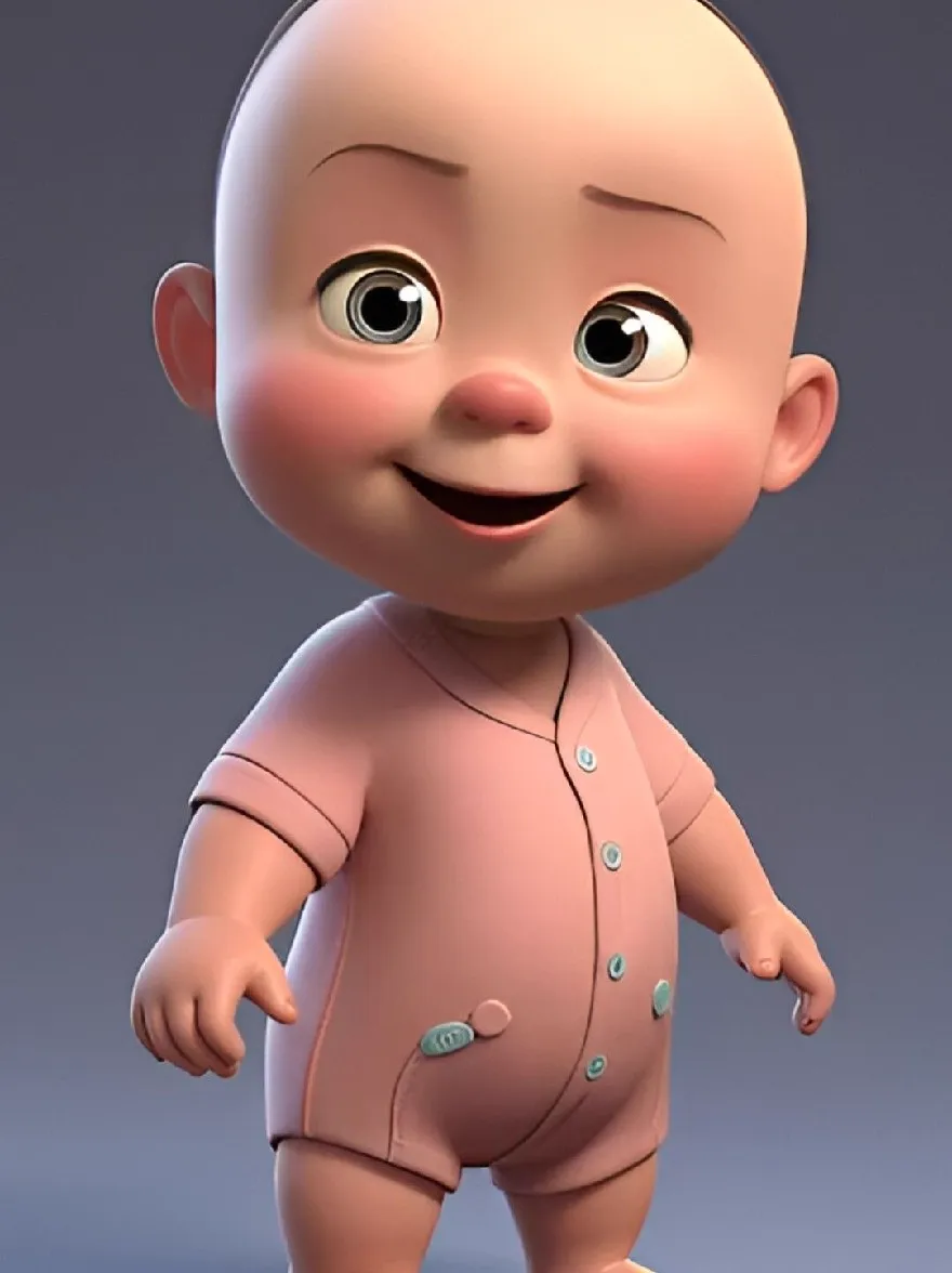 Русский промпт: 3D -рендеринг симпатичного, анимированного мальчика с лысой головой и большими выразительными глазами, в розовых с синими пуговицами. У него веселое выражение, и он стоит, сложившись перед ним. Фон - простой градиент серого и синего. Освещение мягкое и равномерное, подчеркивая гладкую кожу ребенка. Стиль очень подробный и реалистичный, с акцентом на черты лица персонажа и одежду. | Original prompt: A 3D rendering of a cute, animated baby boy with a bald head and large, expressive eyes, wearing a pink onesie with blue buttons. He has a cheerful expression and is standing with his hands clasped together in front of him. The background is a simple gradient of gray and blue. The lighting is soft and even, highlighting the baby's smooth skin. The style is highly detailed and realistic, with a focus on the character's facial features and clothing.