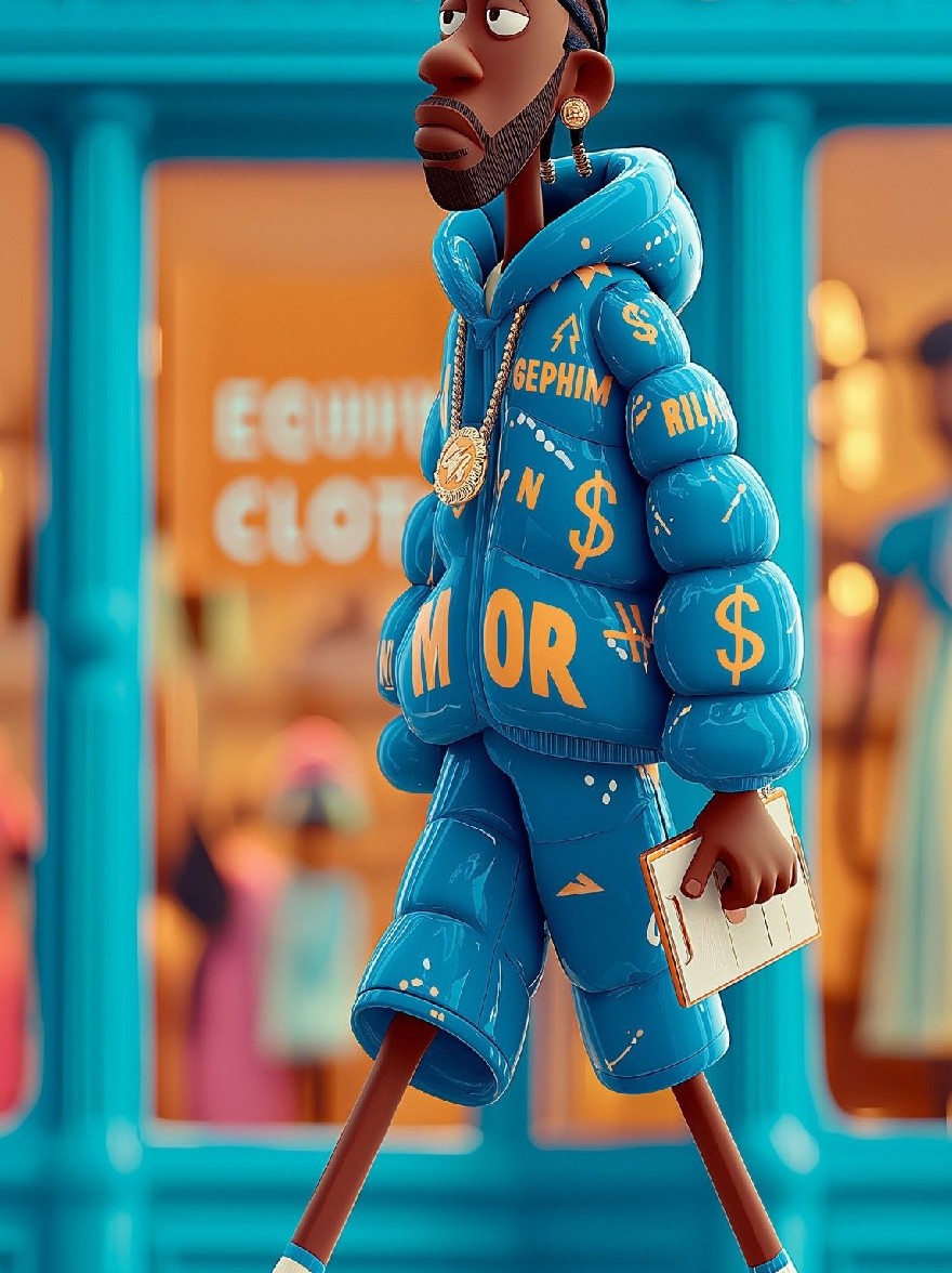 Русский промпт: Стилизованный персонаж мультфильмов с серьезным выражением, одетый в синий слой с золотыми знаками доллара, кроссовки Blue Nike Air Force 1 и несущий белый кошелек. The character is standing in front of a blue building with the word "Marmion" written in gold letters. The background is blurred, giving the character a sense of focus and prominence. The style is reminiscent of pop culture, with exaggerated proportions and vibrant colors. | Original prompt: A stylized cartoon character with a serious expression, wearing a blue puffer coat with gold dollar signs, blue Nike Air Force 1 sneakers, and carrying a white wallet. The character is standing in front of a blue building with the word "Marmion" written in gold letters. The background is blurred, giving the character a sense of focus and prominence. The style is reminiscent of pop culture, with exaggerated proportions and vibrant colors.