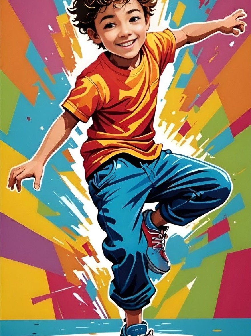 Русский промпт: Яркая иллюстрация в стиле мультфильмов молодого мальчика с вьющимися каштановыми волосами, одетая в желтую и красную полосатую футболку и синие брюки, энергично танцующие с руками, вытянутыми на бок. He has a cheerful expression and is wearing red sneakers. The background is a colorful abstract design with geometric shapes in shades of pink, yellow, green, blue, and purple. The style is reminiscent of pop art, with bold lines and bright colors. The boy is positioned in the center of the image, with a playful and energetic pose. | Original prompt: A vibrant, cartoon-style illustration of a young boy with curly brown hair, wearing a yellow and red striped t-shirt and blue pants, dancing energetically with his arms stretched out to the sides. He has a cheerful expression and is wearing red sneakers. The background is a colorful abstract design with geometric shapes in shades of pink, yellow, green, blue, and purple. The style is reminiscent of pop art, with bold lines and bright colors. The boy is positioned in the center of the image, with a playful and energetic pose.