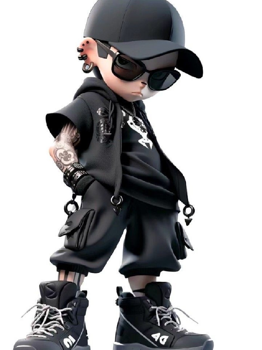 Русский промпт: 3D-рендеринг маленького мальчика в стиле чиби с бледной кожей, в черной бейсбольной шапочке, солнцезащитных очков и черной толстовки с белым дизайном черепа. У него есть татуировка на левой руке и несколько пирсинга на правой руке. Он также носит черные грузовые шорты и черные кроссовки с белыми шнурками. Фон просто белый. Мальчик уверенно стоит с руками в карманах, оглядываясь в сторону. Изображение имеет минималистичный, мультипликационный стиль с акцентом на наряд и аксессуарах мальчика. | Original prompt: A 3D rendering of a small, chibi-style boy with pale skin, wearing a black baseball cap, sunglasses, and a black hoodie with a white skull design. He has a tattoo on his left arm and multiple piercings on his right arm. He is also wearing black cargo shorts and black sneakers with white laces. The background is plain white. The boy stands confidently with his hands in his pockets, looking off to the side. The image has a minimalistic, cartoonish style with a focus on the boy's outfit and accessories.