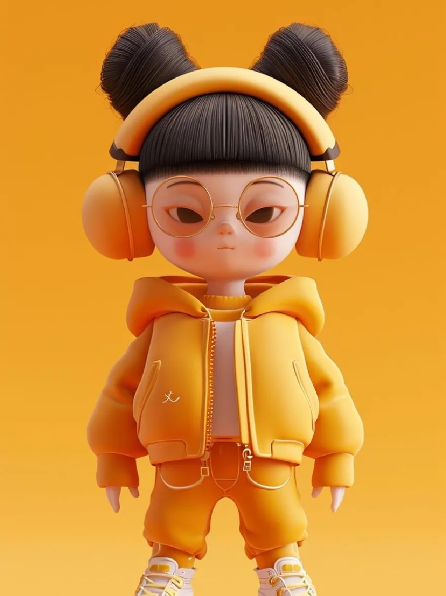 Русский промпт: Фотография милой куклы в стиле чиби с черными волосами, приготовленными в двух булочках с желтой капюшоном, желтыми брюками и белыми кроссовками. У нее круглые очки и пара желтых наушников. Фон - сплошной ярко -оранжевый цвет. Кукла стоит в центре изображения, обращенную к зрителю с нейтральным выражением. Изображение имеет минималистичный, мультипликационный стиль с чистыми линиями и яркими цветами. Общая эстетика игривая и веселая. | Original prompt: Photo of a cute, chibi-style doll with black hair styled in two buns, wearing a yellow zip-up hoodie, yellow pants, and white sneakers. She has round glasses and a pair of yellow headphones. The background is a solid, bright orange color. The doll is standing in the center of the image, facing the viewer with a neutral expression. The image has a minimalistic, cartoonish style with clean lines and bright colors. The overall aesthetic is playful and fun.
