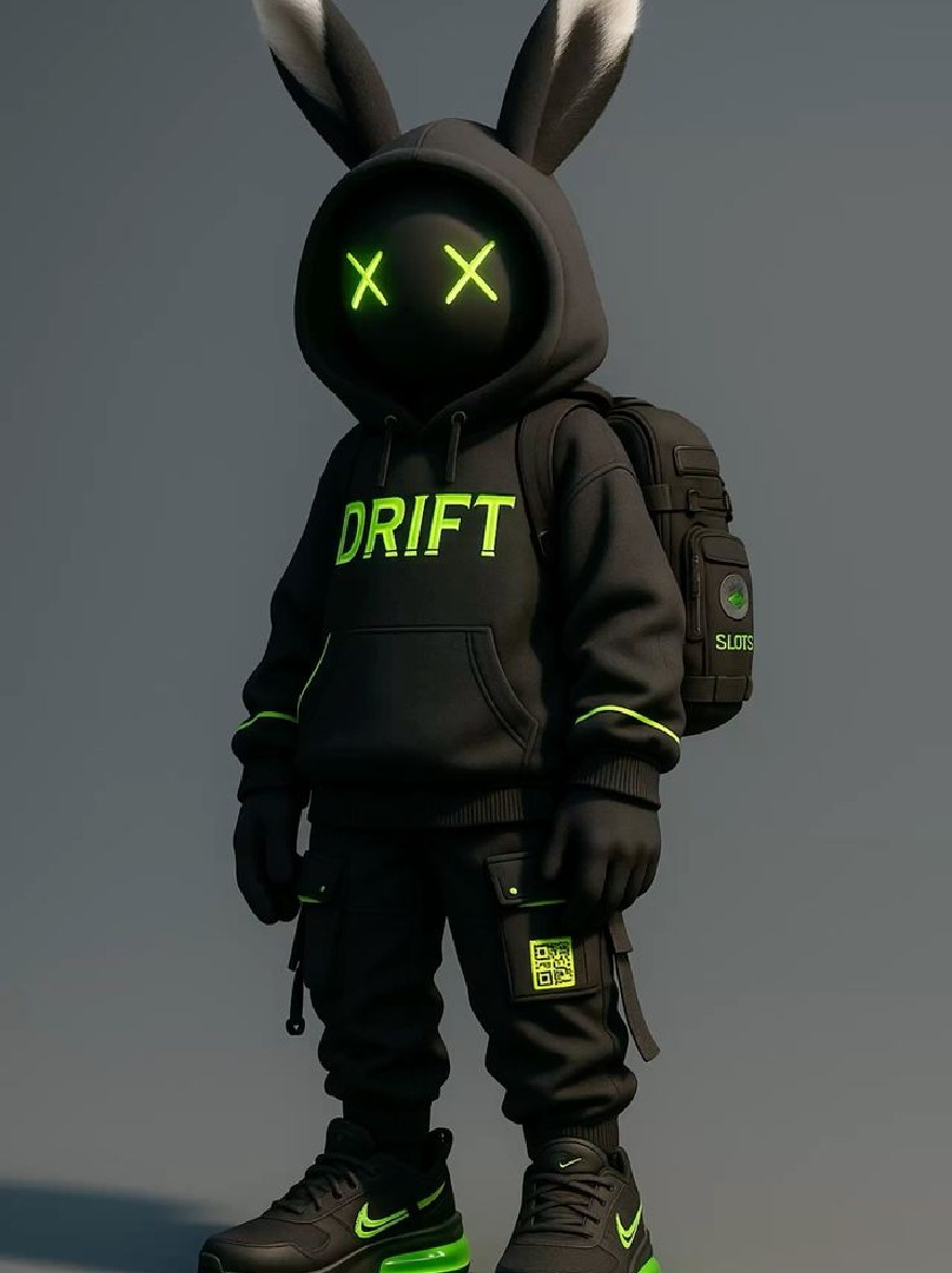 Русский промпт: 3D -рендеринг персонажа мультипликационного кролика, одетого в черную толстовку со словом «дрейф», написанного в неоновом зеленом на груди. У персонажа есть большие светящиеся зеленые глаза и уши белого кролика. Капюшона имеет шнурку и два кармана спереди. Наряд состоит из черных грузовых штанов и черных кроссовок с неоновыми зелеными акцентами. Фон - твердый серый цвет. Изображение имеет минималистичный, мультипликационный стиль. | Original prompt: A 3D rendering of a cartoon rabbit character wearing a black hoodie with the word "DRIFT" written in neon green across the chest. The character has large, glowing green eyes and white rabbit ears. The hoodie has a drawstring and two pockets on the front. The outfit consists of black cargo pants and black sneakers with neon green accents. The background is a solid gray color. The image has a minimalistic, cartoonish style.