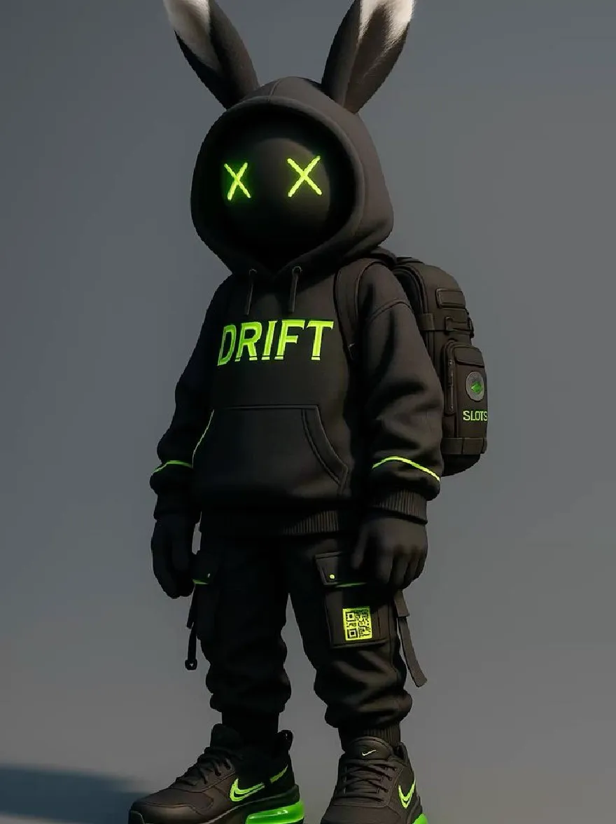 Русский промпт: 3D -рендеринг персонажа мультипликационного кролика, одетого в черную толстовку со словом «дрейф», написанного в неоновом зеленом на груди. У персонажа есть большие светящиеся зеленые глаза и уши белого кролика. Капюшона имеет шнурку и два кармана спереди. Наряд состоит из черных грузовых штанов и черных кроссовок с неоновыми зелеными акцентами. Фон - твердый серый цвет. Изображение имеет минималистичный, мультипликационный стиль. | Original prompt: A 3D rendering of a cartoon rabbit character wearing a black hoodie with the word "DRIFT" written in neon green across the chest. The character has large, glowing green eyes and white rabbit ears. The hoodie has a drawstring and two pockets on the front. The outfit consists of black cargo pants and black sneakers with neon green accents. The background is a solid gray color. The image has a minimalistic, cartoonish style.
