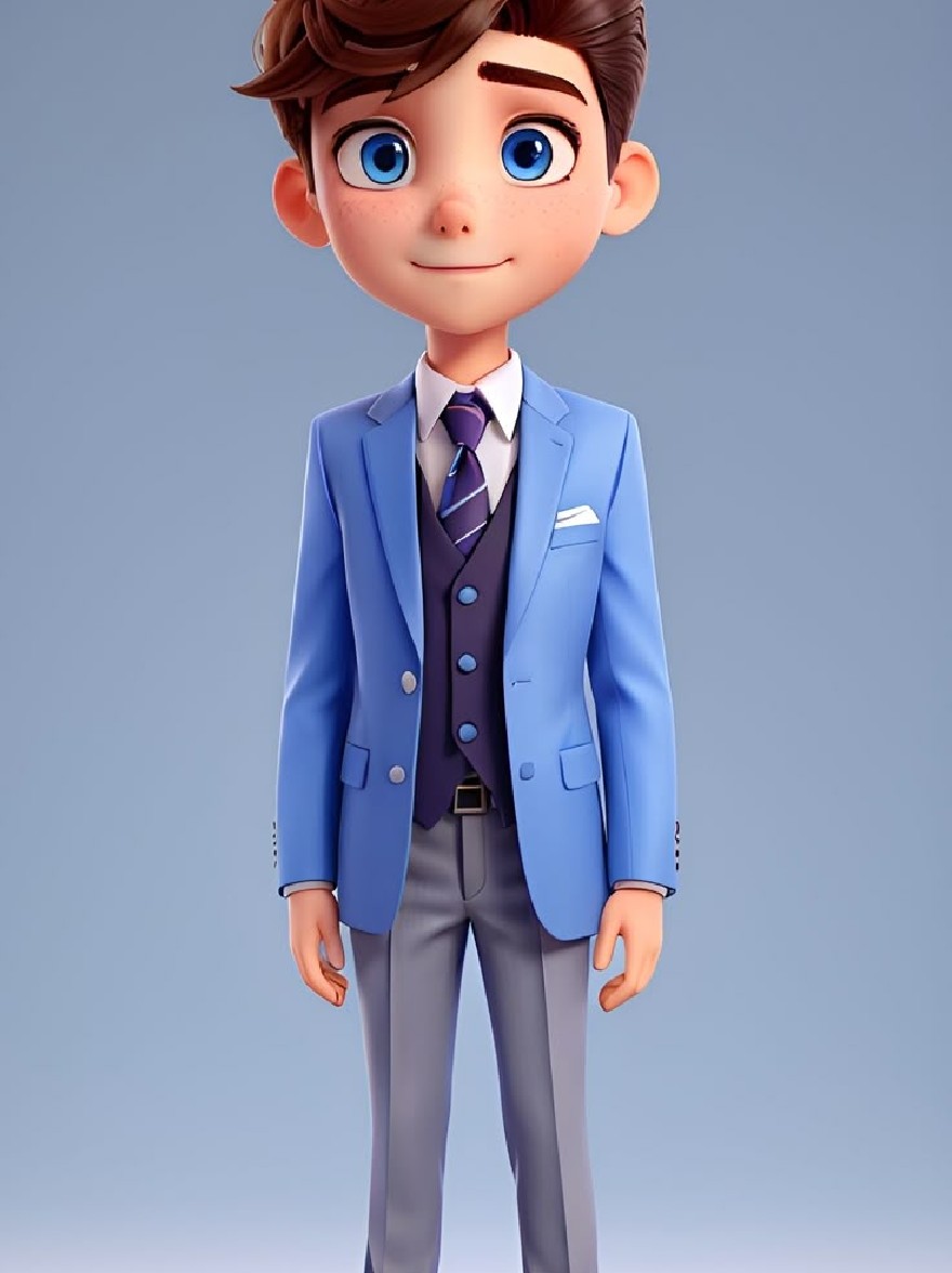 Русский промпт: 3D -рендеринг молодого мальчика с каштановыми волосами и голубыми глазами, в синем костюме с белой рубашкой, фиолетовым галстуком и серыми брюками. У него дружелюбное выражение, и он стоит с руками в карманах. Фон - простой градиент голубого и белого. Мальчик отображается в мультипликационном стиле с гладкой, отполированной отделкой. Изображение имеет игривое и причудливое чувство. | Original prompt: A 3D rendering of a young boy with brown hair and blue eyes, wearing a blue suit with a white shirt, a purple tie, and grey trousers. He has a friendly expression and is standing with his hands in his pockets. The background is a simple gradient of light blue and white. The boy is rendered in a cartoonish style with a smooth, polished finish. The image has a playful and whimsical feel.