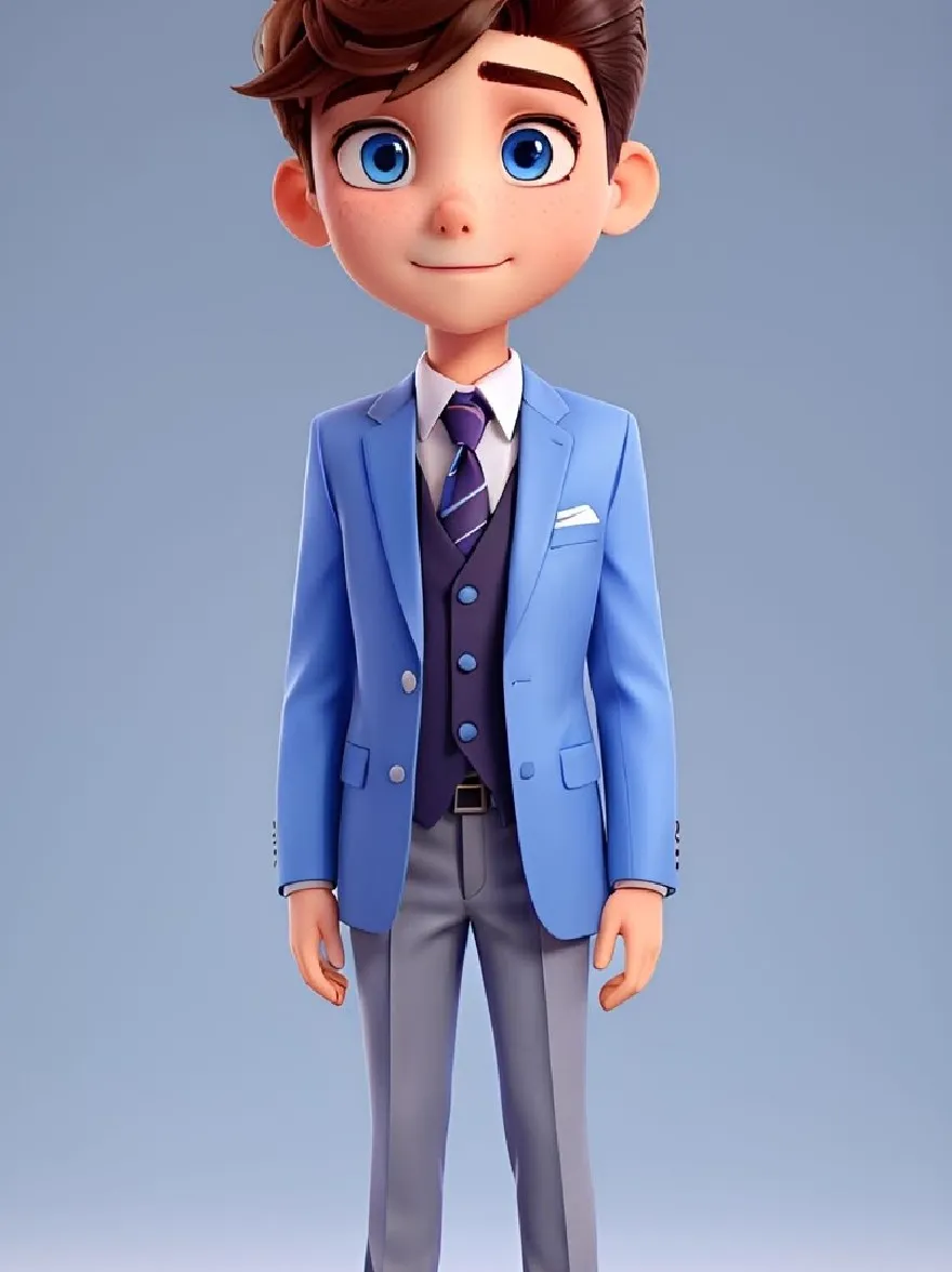 Русский промпт: 3D -рендеринг молодого мальчика с каштановыми волосами и голубыми глазами, в синем костюме с белой рубашкой, фиолетовым галстуком и серыми брюками. У него дружелюбное выражение, и он стоит с руками в карманах. Фон - простой градиент голубого и белого. Мальчик отображается в мультипликационном стиле с гладкой, отполированной отделкой. Изображение имеет игривое и причудливое чувство. | Original prompt: A 3D rendering of a young boy with brown hair and blue eyes, wearing a blue suit with a white shirt, a purple tie, and grey trousers. He has a friendly expression and is standing with his hands in his pockets. The background is a simple gradient of light blue and white. The boy is rendered in a cartoonish style with a smooth, polished finish. The image has a playful and whimsical feel.