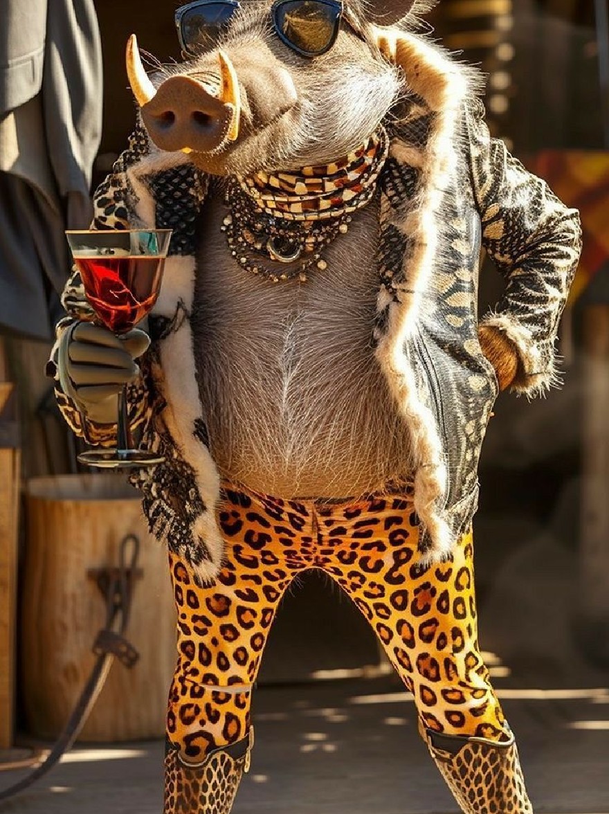 Русский промпт:  | Original prompt: A 3D rendering of a boar with a wild, anthropomorphic appearance, wearing leopard print pants and a fur-lined jacket. The boar is holding a glass of red wine in its right hand, with sunglasses perched on its head. The background is a rustic setting with wooden barrels and a wooden floor. The lighting is warm and natural, casting a golden glow on the boar's fur and accessories.