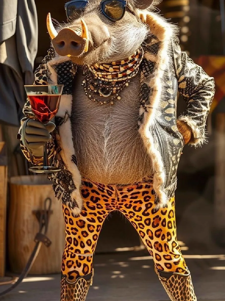 Русский промпт:  | Original prompt: A 3D rendering of a boar with a wild, anthropomorphic appearance, wearing leopard print pants and a fur-lined jacket. The boar is holding a glass of red wine in its right hand, with sunglasses perched on its head. The background is a rustic setting with wooden barrels and a wooden floor. The lighting is warm and natural, casting a golden glow on the boar's fur and accessories.