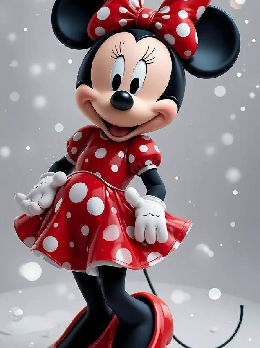 Русский промпт: 3D -рендеринг Минни Маус, популярного персонажа Диснея, стоящего в праздничной позе с веселым выражением. На ней красное и белое платье в горошек с большим красным луком на голове, белыми перчатками и красными высокими каблуками. Фон представляет собой градиент серебра и белого, с снежинками, мягко падающими вокруг нее. Изображение имеет причудливое, анимированное чувство с игривой и веселой атмосферой. Персонаж имеет черно -белый мех, большие уши и игривую улыбку. Стиль очень подробный и реалистичный, с акцентом на дизайн персонажа и анимацию. | Original prompt: A 3D rendering of Minnie Mouse, a popular Disney character, standing in a festive pose with a cheerful expression. She is wearing a red and white polka-dot dress with a large red bow on her head, white gloves, and red high heels. The background is a gradient of silver and white, with snowflakes gently falling around her. The image has a whimsical, animated feel with a playful and cheerful atmosphere. The character has black and white fur, large ears, and a playful smile. The style is highly detailed and realistic, with a focus on character design and animation.