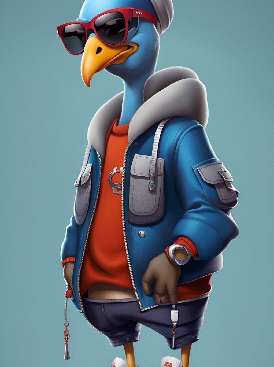 Русский промпт: Высоко детальная иллюстрация в стиле мультфильма синей птицы с синей курткой с капюшоном с меховой подкладкой, красной футболкой и синими шортами, в сочетании с красными и белыми кроссовками. У птицы есть клюв, солнцезащитные очки и матросская шляпа, и она уверенно стоит одной рукой на бедре, а другая опирается на бедро. Фон - твердый, голубой цвет. Стиль очень подробный и яркий, с игривой и острой атмосферой. | Original prompt: A highly detailed, cartoon-style illustration of a blue bird character wearing a blue jacket with a fur-lined hood, a red t-shirt, and blue shorts, paired with red and white sneakers. The bird has a beak, sunglasses, and a sailor hat, and is standing confidently with one hand on its hip and the other resting on its thigh. The background is a solid, light blue color. The style is highly detailed and vibrant, with a playful and edgy vibe.