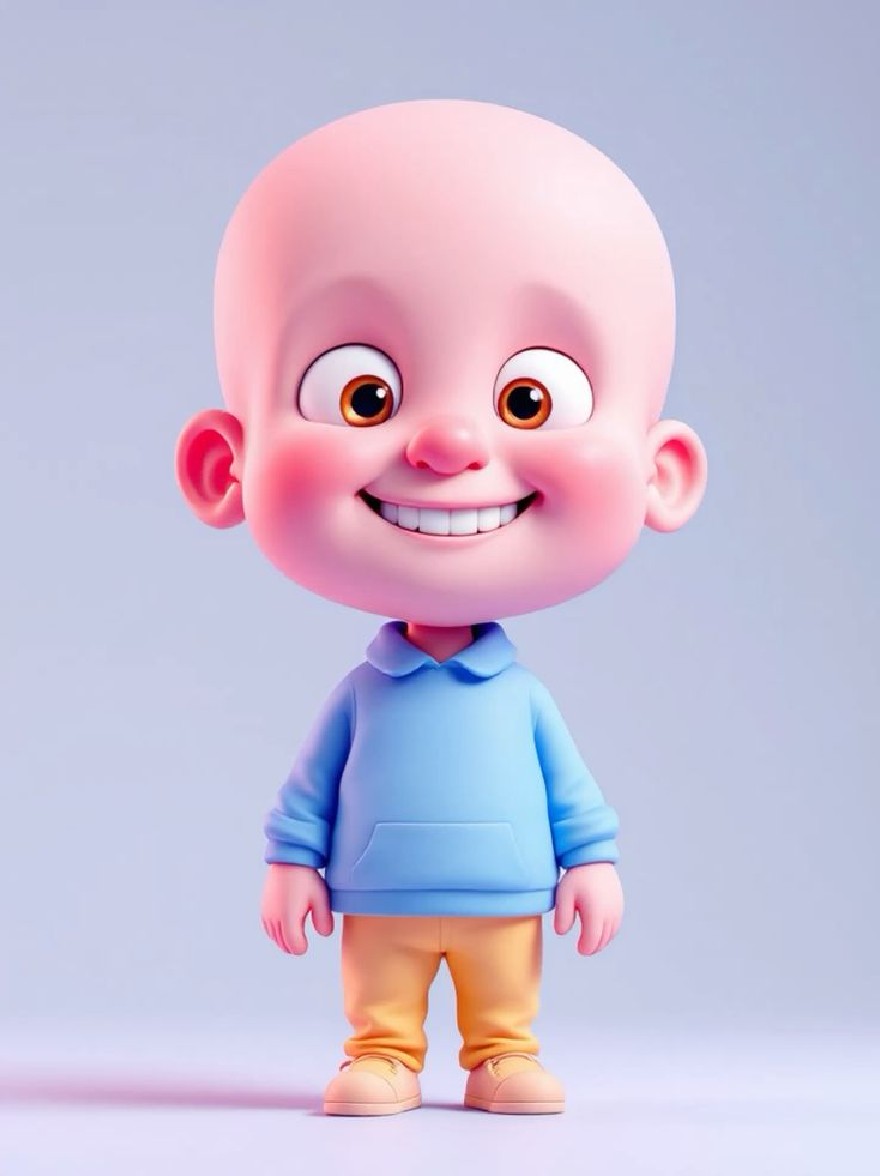Русский промпт: A cute, cartoon-style, 3D rendering of a baby boy with a bald head and large, expressive brown eyes, wearing a light blue hoodie and yellow pants. У него веселое выражение с большой улыбкой, стоя на простом, голубом фоне. У мальчика есть круглое лицо, розовые щеки и розовый нос. Он носит бежевые туфли. Освещение мягкое и равномерное, подчеркивая его черты. Стиль очень подробный и яркий, с гладкой, полированной отделкой. | Original prompt: A cute, cartoon-style, 3D rendering of a baby boy with a bald head and large, expressive brown eyes, wearing a light blue hoodie and yellow pants. He has a cheerful expression with a big smile, standing in a simple, light blue background. The boy has a round face, pink cheeks, and a pink nose. He is wearing beige shoes. The lighting is soft and even, highlighting his features. The style is highly detailed and vibrant, with a smooth, polished finish.