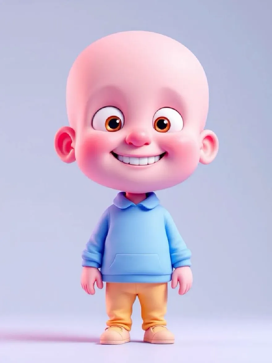 Русский промпт: A cute, cartoon-style, 3D rendering of a baby boy with a bald head and large, expressive brown eyes, wearing a light blue hoodie and yellow pants. У него веселое выражение с большой улыбкой, стоя на простом, голубом фоне. У мальчика есть круглое лицо, розовые щеки и розовый нос. Он носит бежевые туфли. Освещение мягкое и равномерное, подчеркивая его черты. Стиль очень подробный и яркий, с гладкой, полированной отделкой. | Original prompt: A cute, cartoon-style, 3D rendering of a baby boy with a bald head and large, expressive brown eyes, wearing a light blue hoodie and yellow pants. He has a cheerful expression with a big smile, standing in a simple, light blue background. The boy has a round face, pink cheeks, and a pink nose. He is wearing beige shoes. The lighting is soft and even, highlighting his features. The style is highly detailed and vibrant, with a smooth, polished finish.