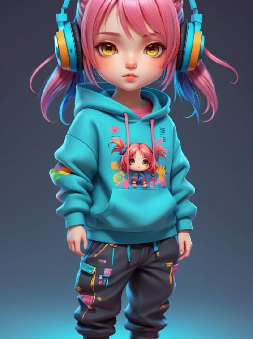 Русский промпт: Фотография симпатичной девушки в стиле чиби с розовыми волосами, приготовленными в две косы с бирюзовой капюшоном с мультфильмом спереди, черными брюками с разноцветными пятнами и желтых и розовых кроссовок. She has large, expressive yellow eyes and a small, round face. The background is a gradient of dark blue and purple, with a soft, glowing effect. The girl is standing in the center of the image, facing the viewer with a neutral expression. She is wearing a pair of headphones on her head. The overall aesthetic is vibrant and playful. | Original prompt: Photo of a cute, chibi-style girl with pink hair styled in two braids, wearing a turquoise hoodie with a cartoon character on the front, black pants with colorful patches, and yellow and pink sneakers. She has large, expressive yellow eyes and a small, round face. The background is a gradient of dark blue and purple, with a soft, glowing effect. The girl is standing in the center of the image, facing the viewer with a neutral expression. She is wearing a pair of headphones on her head. The overall aesthetic is vibrant and playful.