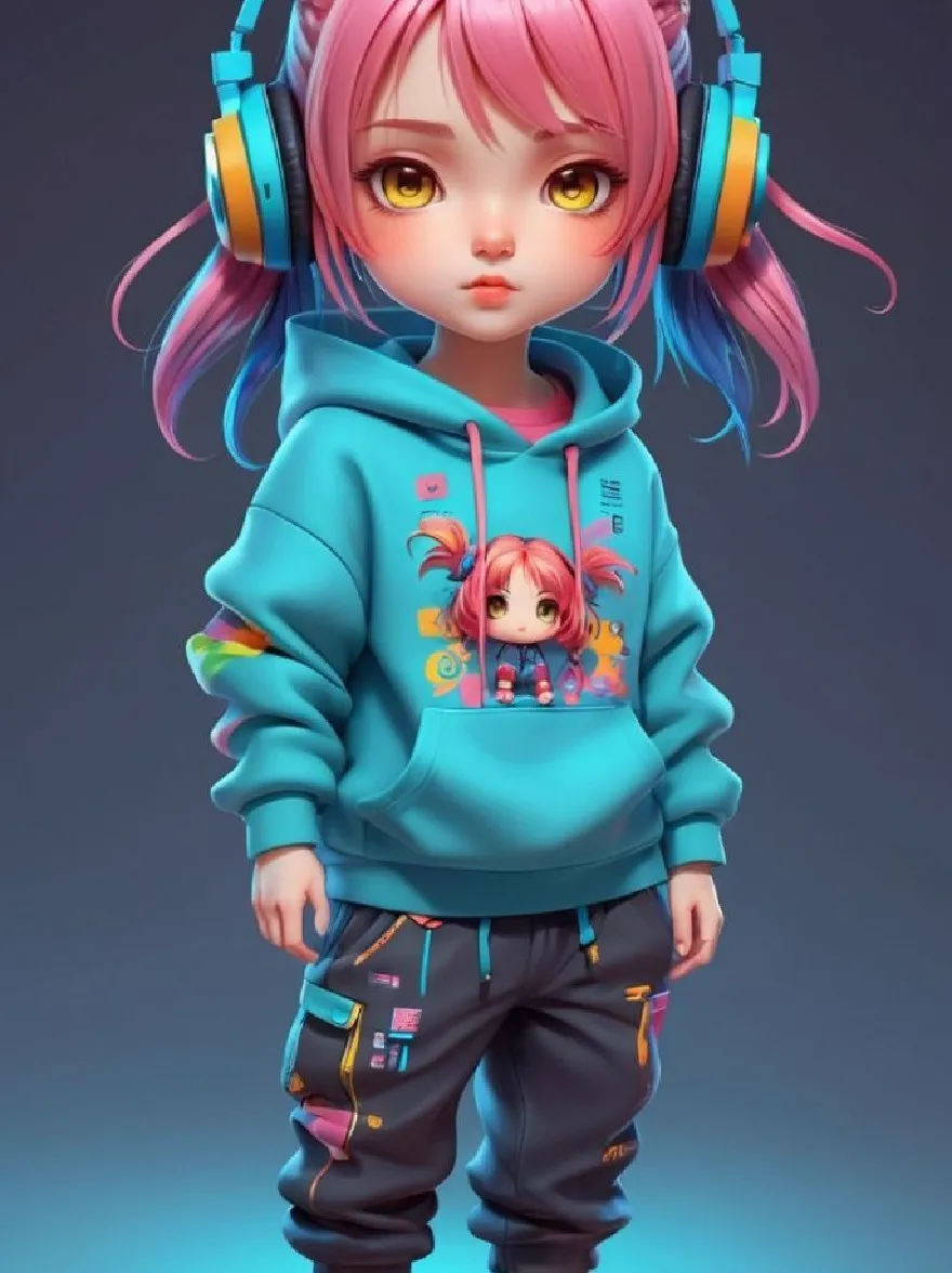 Русский промпт: Фотография симпатичной девушки в стиле чиби с розовыми волосами, приготовленными в две косы с бирюзовой капюшоном с мультфильмом спереди, черными брюками с разноцветными пятнами и желтых и розовых кроссовок. She has large, expressive yellow eyes and a small, round face. The background is a gradient of dark blue and purple, with a soft, glowing effect. The girl is standing in the center of the image, facing the viewer with a neutral expression. She is wearing a pair of headphones on her head. The overall aesthetic is vibrant and playful. | Original prompt: Photo of a cute, chibi-style girl with pink hair styled in two braids, wearing a turquoise hoodie with a cartoon character on the front, black pants with colorful patches, and yellow and pink sneakers. She has large, expressive yellow eyes and a small, round face. The background is a gradient of dark blue and purple, with a soft, glowing effect. The girl is standing in the center of the image, facing the viewer with a neutral expression. She is wearing a pair of headphones on her head. The overall aesthetic is vibrant and playful.