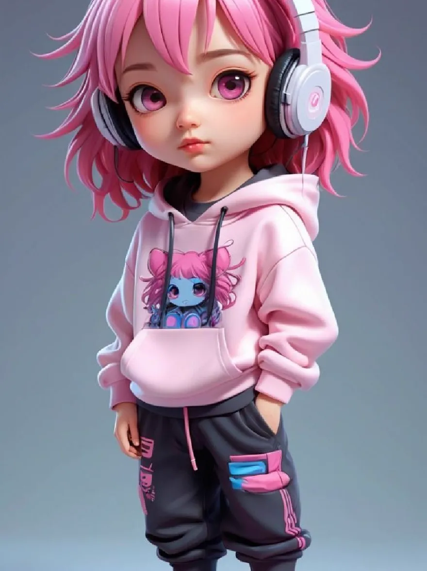 Русский промпт: Фотографии милой молодой девушки в стиле чиби с розовыми волосами, одетая в розовую толстовку с капюшоном с графикой синего кота спереди, черные брюки с синими акцентами и розовые кроссовки. У нее большие, выразительные фиолетовые глаза и маленький нос. Она стоит с руками в карманах, глядя прямо на камеру с нейтральным выражением. Фон - простой градиент серый. Освещение мягкое и равномерное, подчеркивая ее нежные черты. Общая эстетика игривая и острое. | Original prompt: Photo of a cute, chibi-style young girl with pink hair, wearing a pink hoodie with a graphic of a blue cat on the front, black pants with blue accents, and pink sneakers. She has large, expressive purple eyes and a small nose. She is standing with her hands in her pockets, looking directly at the camera with a neutral expression. The background is a simple, gradient gray. The lighting is soft and even, highlighting her delicate features. The overall aesthetic is playful and edgy.