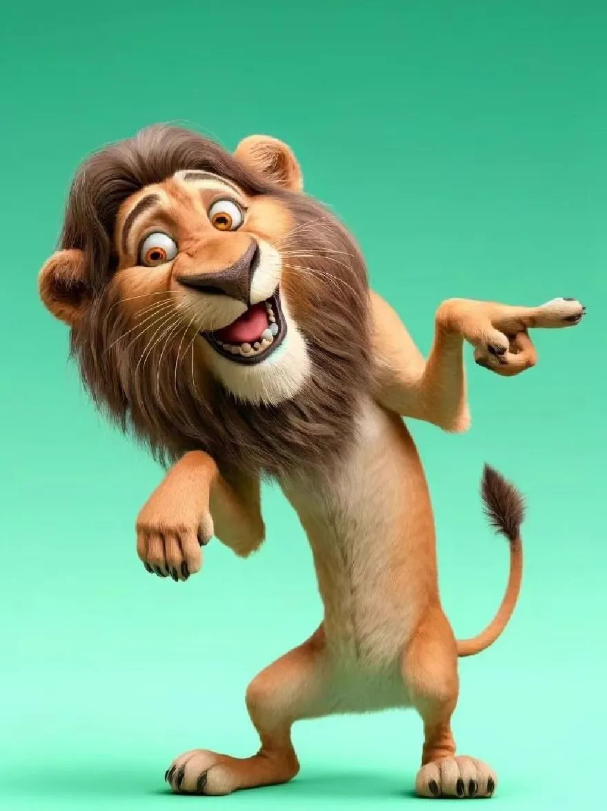 Русский промпт:  | Original prompt: A 3D rendering of a cartoon lion character from the Madagascar movie, standing on its hind legs with one paw raised and pointing upwards. The lion has a muscular build with a light brown coat, a bushy tail, and a mischievous expression. Its eyes are wide and alert, and its mouth is open in a roar. The background is a solid teal color. The lighting is bright and even, highlighting the lion's fur and features. The image has a playful and energetic feel.