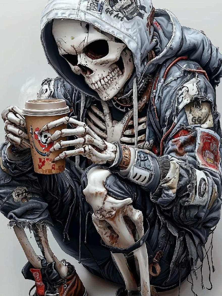 Русский промпт: Высоко детальная, реалистичная цифровая иллюстрация скелета в серой куртке с капюшоном с пятнами, держащей в руках кофейную чашку. Скелет имеет угрожающее выражение, с острыми зубами и угрожающим глазом. Куртка разорвана и изношена, с пятнами различных цветов и дизайнов, украшающих ткань. Фон - простой, светло -серый, обеспечивающий резкий контраст с угрожающим внешним видом скелета. Изображение имеет темный, песчаный стиль с акцентом на текстуры и освещение. | Original prompt: A highly detailed, realistic digital illustration of a skeleton wearing a grey hooded jacket with patches, holding a coffee cup in its hands. The skeleton has a menacing expression, with sharp teeth and a menacing eye. The jacket is ripped and worn, with patches of various colors and designs adorning the fabric. The background is a plain, light grey, providing a stark contrast to the skeleton's menacing appearance. The image has a dark, gritty style with a focus on textures and lighting.