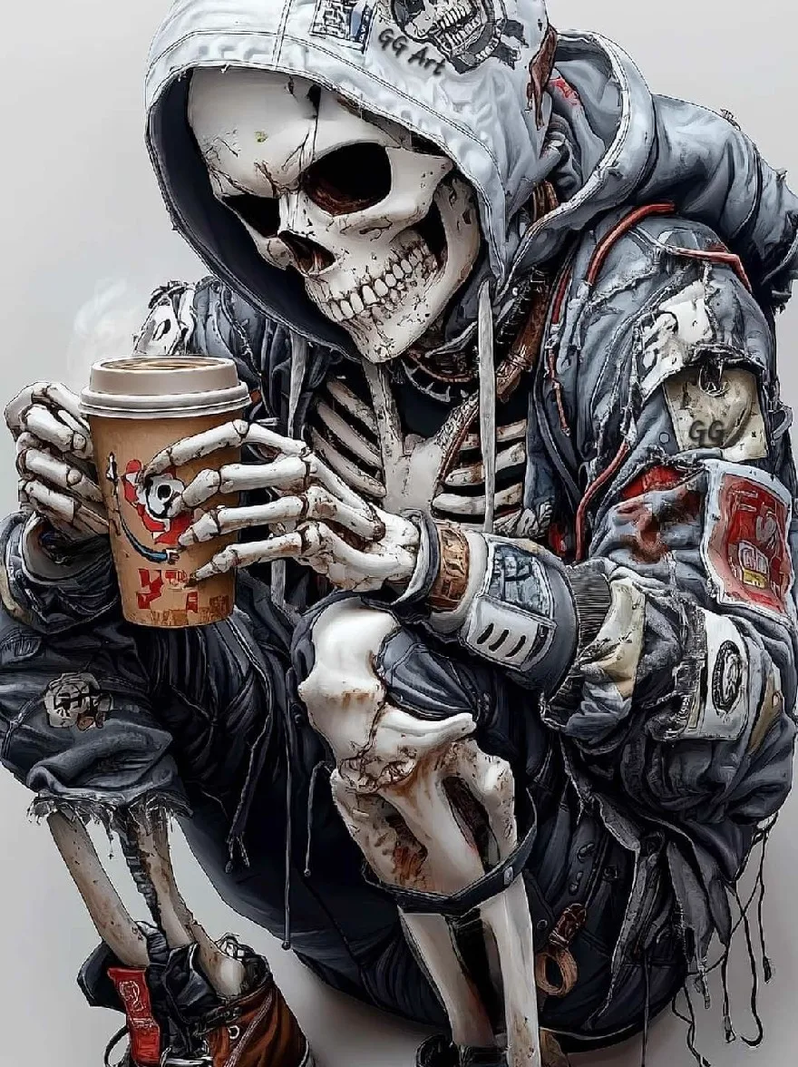 Русский промпт: Высоко детальная, реалистичная цифровая иллюстрация скелета в серой куртке с капюшоном с пятнами, держащей в руках кофейную чашку. Скелет имеет угрожающее выражение, с острыми зубами и угрожающим глазом. Куртка разорвана и изношена, с пятнами различных цветов и дизайнов, украшающих ткань. Фон - простой, светло -серый, обеспечивающий резкий контраст с угрожающим внешним видом скелета. Изображение имеет темный, песчаный стиль с акцентом на текстуры и освещение. | Original prompt: A highly detailed, realistic digital illustration of a skeleton wearing a grey hooded jacket with patches, holding a coffee cup in its hands. The skeleton has a menacing expression, with sharp teeth and a menacing eye. The jacket is ripped and worn, with patches of various colors and designs adorning the fabric. The background is a plain, light grey, providing a stark contrast to the skeleton's menacing appearance. The image has a dark, gritty style with a focus on textures and lighting.
