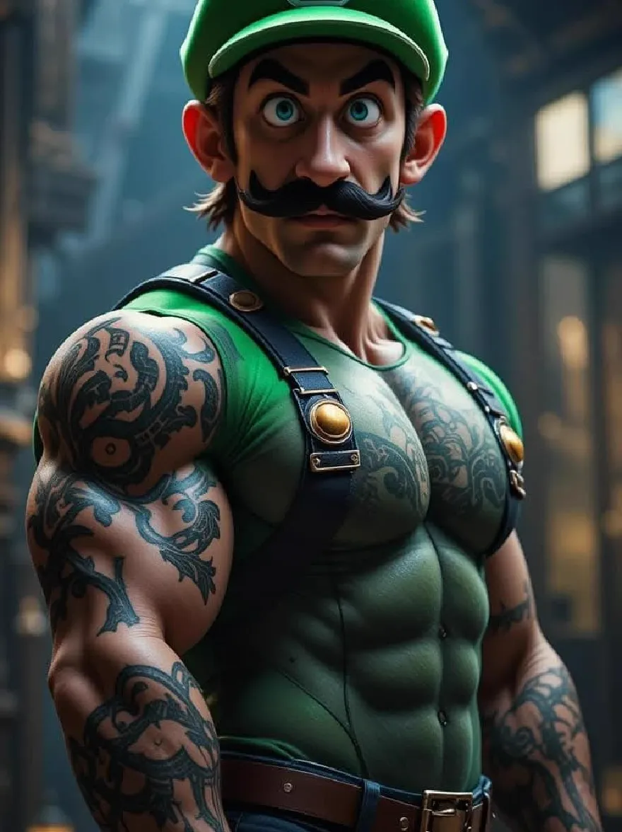 Русский промпт: Фотография мускулистого человека с усами, носящей зеленую кепку с буквой «L» на нем, и зеленую майку, уверенно стоящую в тускло освещенной промышленной обстановке. У него татуировки на руках и плечах, и его выражение является удивлением или путаницей. Освещение драматично, подчеркивая его тонированное телосложение и сложные детали его татуировок. Фон размыт, но, по -видимому, это склад или промышленная обстановка с промышленным механизмом. Изображение высококачественное и детальное, с акцентом на телосложение и выражение персонажа. | Original prompt: Photo of a muscular man with a mustache, wearing a green cap with the letter "L" on it, and a green tank top, standing confidently in a dimly lit industrial setting. He has tattoos on his arms and shoulders, and his expression is one of surprise or confusion. The lighting is dramatic, highlighting his toned physique and the intricate details of his tattoos. The background is blurred, but it appears to be a warehouse or industrial setting with industrial machinery. The image is high quality and detailed, with a focus on the character's physique and expression.