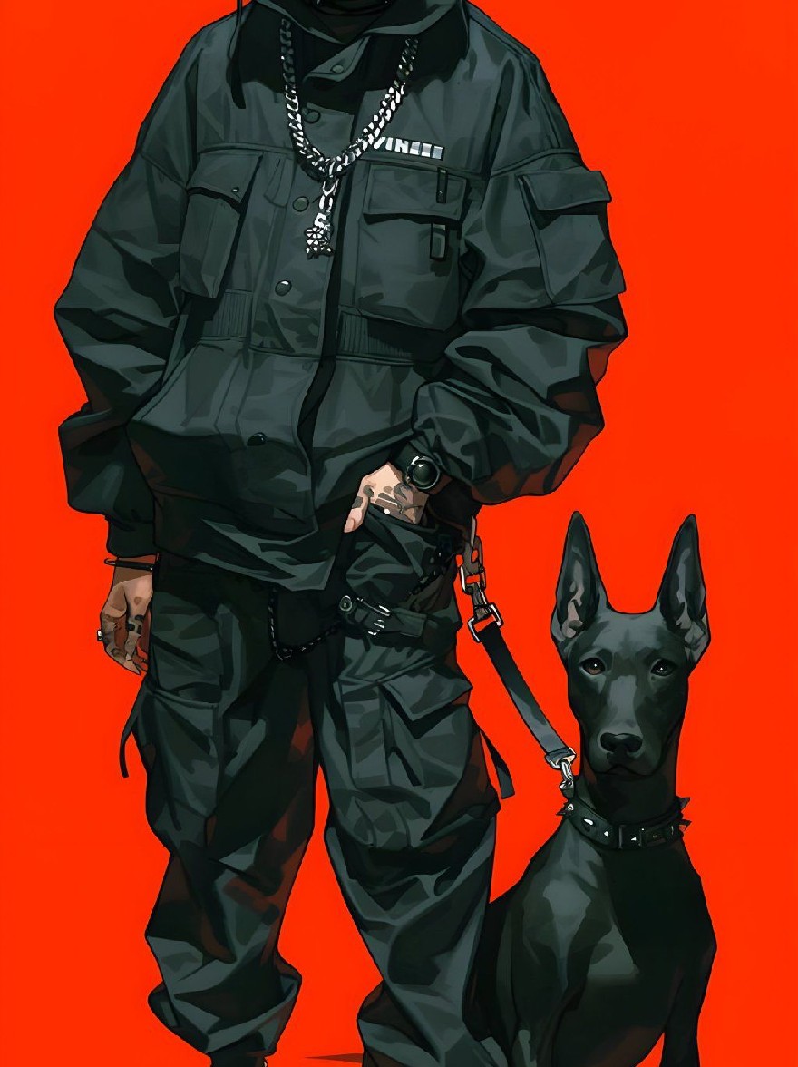 Русский промпт: Цифровая иллюстрация мужчины, одетого в черную толстовку и грузовые штаны, стоящая с черной собакой на поводке. У этого человека серьезное выражение и носит серебряную цепь на шее. Фон - твердый красный цвет. Стиль смелый и минималистичный, с акцентом на мужчину и его собаку. Изображение имеет минималистский дизайн с чистыми линиями и яркими цветами. | Original prompt: A digital illustration of a man wearing a black hoodie and cargo pants, standing with a black dog on a leash. The man has a serious expression and is wearing a silver chain around his neck. The background is a solid red color. The style is bold and minimalistic, with a focus on the man and his dog. The image has a minimalist design with clean lines and bright colors.