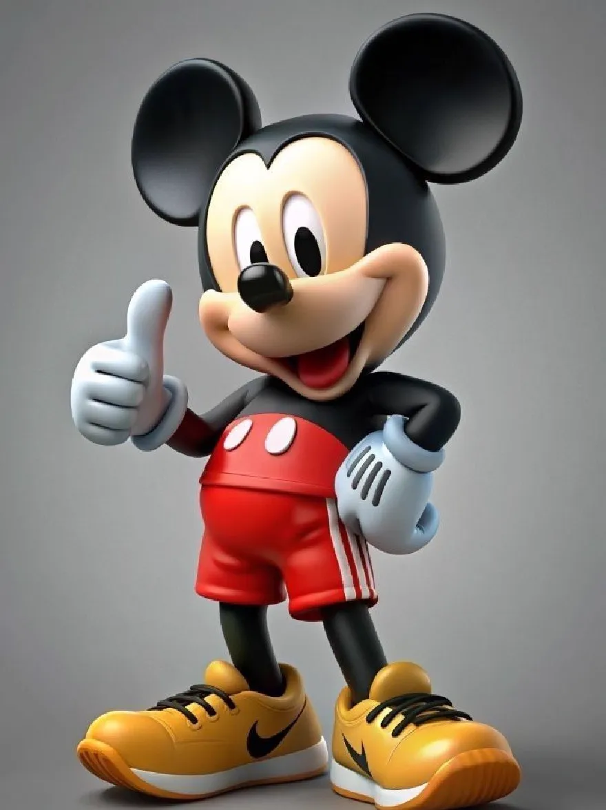 Русский промпт:  | Original prompt: A 3D rendering of a cartoon Mickey Mouse character giving a thumbs-up gesture. He is wearing red shorts with white stripes, black gloves, and yellow Nike sneakers. The background is a plain grey color. The character has a cheerful expression, with his mouth open and tongue out, and his eyes are wide open. He has large black ears and a black nose. The image is highly detailed and colorful, with a playful and whimsical feel.