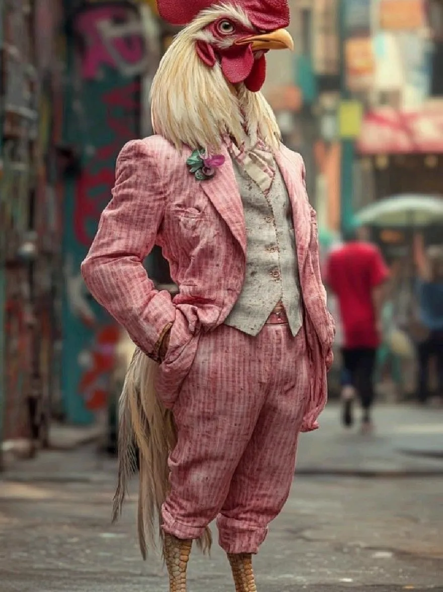 Русский промпт:  | Original prompt: Photo of a rooster standing in a city street, wearing a pink tweed suit with a white shirt and a green boutonniere pinned to the lapel. The rooster has a red comb on its head and a long, flowing tail. The background is blurred, but it appears to be an urban setting with graffiti-covered buildings and people walking in the distance. The lighting is bright and natural, highlighting the rooster's features. The overall mood is playful and whimsical.