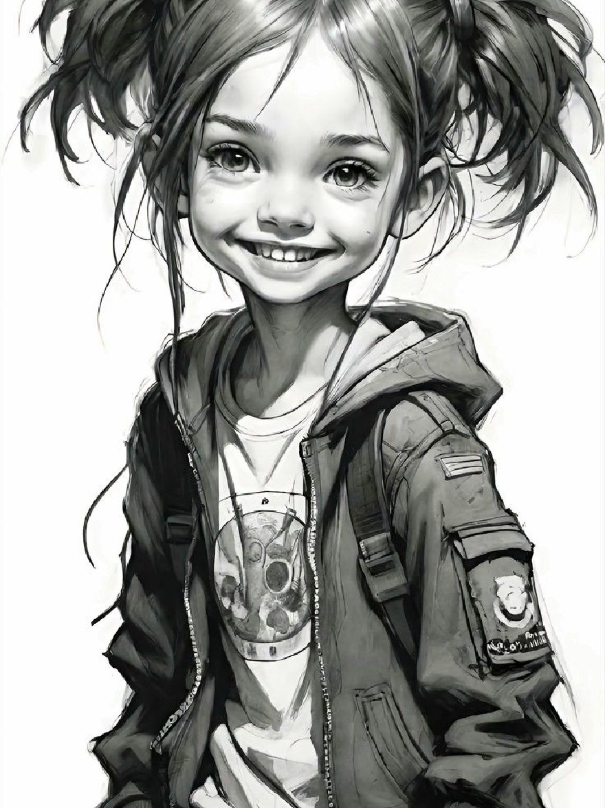 Русский промпт:  | Original prompt: Portrait of a cute young girl with a mischievous smile, wearing a casual outfit consisting of a black bomber jacket, a white t-shirt with a graphic design, and a backpack. She has two pigtails tied in pigtails, and her eyes are looking directly at the viewer with a playful expression. The background is plain white, allowing the focus to remain on the girl's cheerful and playful demeanor. The style is detailed and realistic, with a focus on shading and texture.