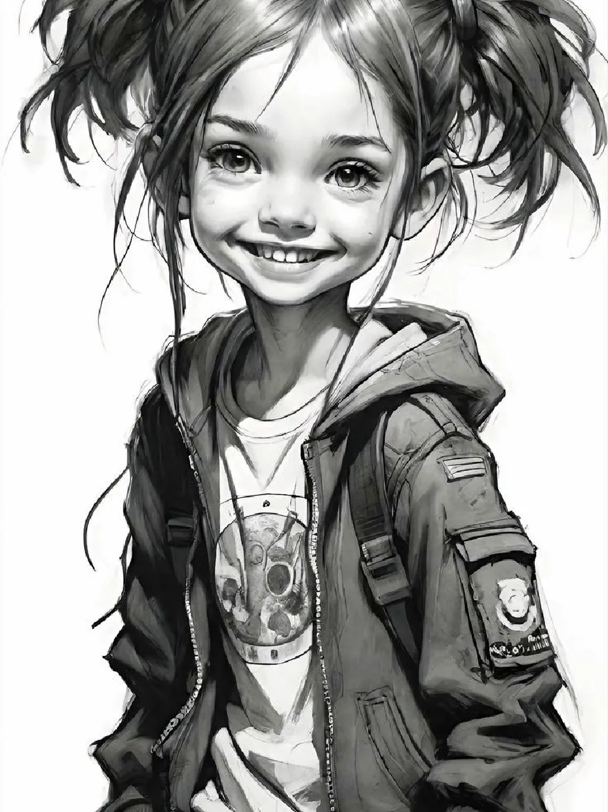 Русский промпт:  | Original prompt: Portrait of a cute young girl with a mischievous smile, wearing a casual outfit consisting of a black bomber jacket, a white t-shirt with a graphic design, and a backpack. She has two pigtails tied in pigtails, and her eyes are looking directly at the viewer with a playful expression. The background is plain white, allowing the focus to remain on the girl's cheerful and playful demeanor. The style is detailed and realistic, with a focus on shading and texture.