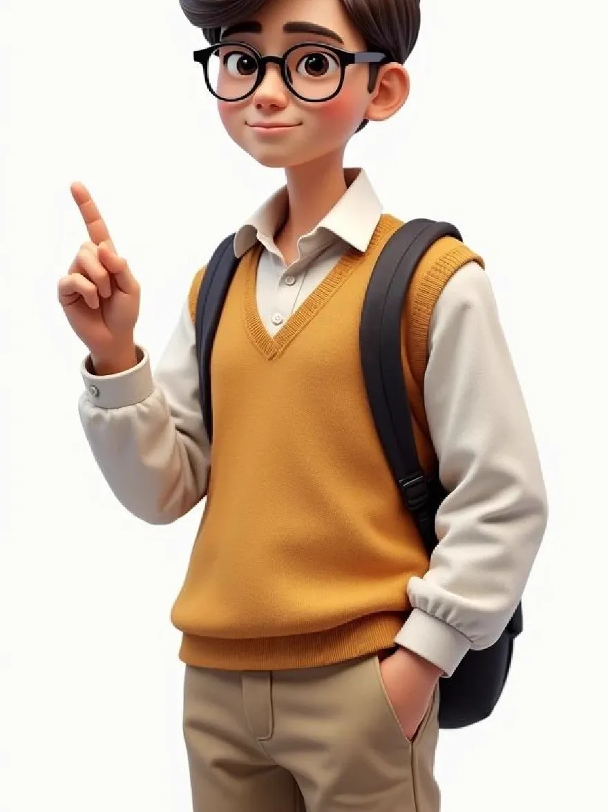 Русский промпт: 3D -рендеринг молодого мальчика с каштановыми волосами и очками, одетый в горчичный желтый свитер, белую рубашку с воротником и бежевые штаны. Он стоит с поднятой правой рукой, указывая вверх с легкой улыбкой. У него черный рюкзак, перерезанный через плечо. Фон просто белый. Стиль реалистичен с карикатурным прикосновением. | Original prompt: A 3D rendering of a young boy with brown hair and glasses, wearing a mustard yellow sweater, a white collared shirt, and beige pants. He is standing with his right hand raised, pointing upwards with a slight smile. He has a black backpack slung over his shoulder. The background is plain white. The style is realistic with a cartoonish touch.