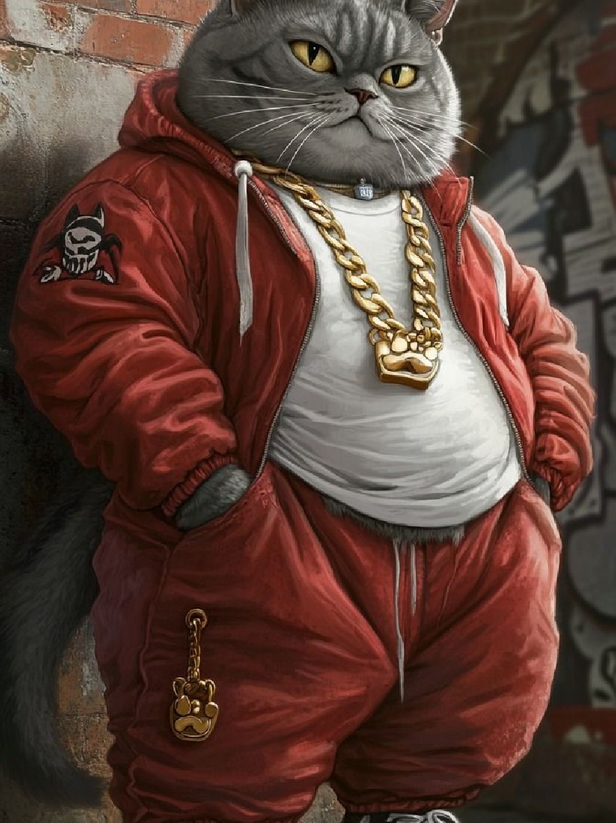 Русский промпт: Цифровая иллюстрация толстой серой кошки с желтыми глазами в красной толстовке с капюшоном, белой футболкой и красных барных штанов с колье из золотой цепочки. Кошка стоит на кирпичной стене с граффити на заднем плане, глядя прямо на зрителя с серьезным выражением. Стиль мультипликационный и детальный, с акцентом на преувеличенные функции и смелые линии. Общая цветовая палитра яркая и острое. | Original prompt: A digital illustration of a fat, grey cat with yellow eyes wearing a red hoodie, a white t-shirt, and red velour pants with a gold chain necklace. The cat is standing against a brick wall with graffiti in the background, looking directly at the viewer with a serious expression. The style is cartoonish and detailed, with a focus on exaggerated features and bold lines. The overall color palette is vibrant and edgy.