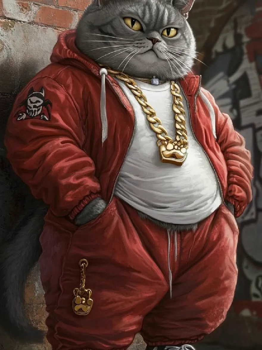 Русский промпт: Цифровая иллюстрация толстой серой кошки с желтыми глазами в красной толстовке с капюшоном, белой футболкой и красных барных штанов с колье из золотой цепочки. Кошка стоит на кирпичной стене с граффити на заднем плане, глядя прямо на зрителя с серьезным выражением. Стиль мультипликационный и детальный, с акцентом на преувеличенные функции и смелые линии. Общая цветовая палитра яркая и острое. | Original prompt: A digital illustration of a fat, grey cat with yellow eyes wearing a red hoodie, a white t-shirt, and red velour pants with a gold chain necklace. The cat is standing against a brick wall with graffiti in the background, looking directly at the viewer with a serious expression. The style is cartoonish and detailed, with a focus on exaggerated features and bold lines. The overall color palette is vibrant and edgy.