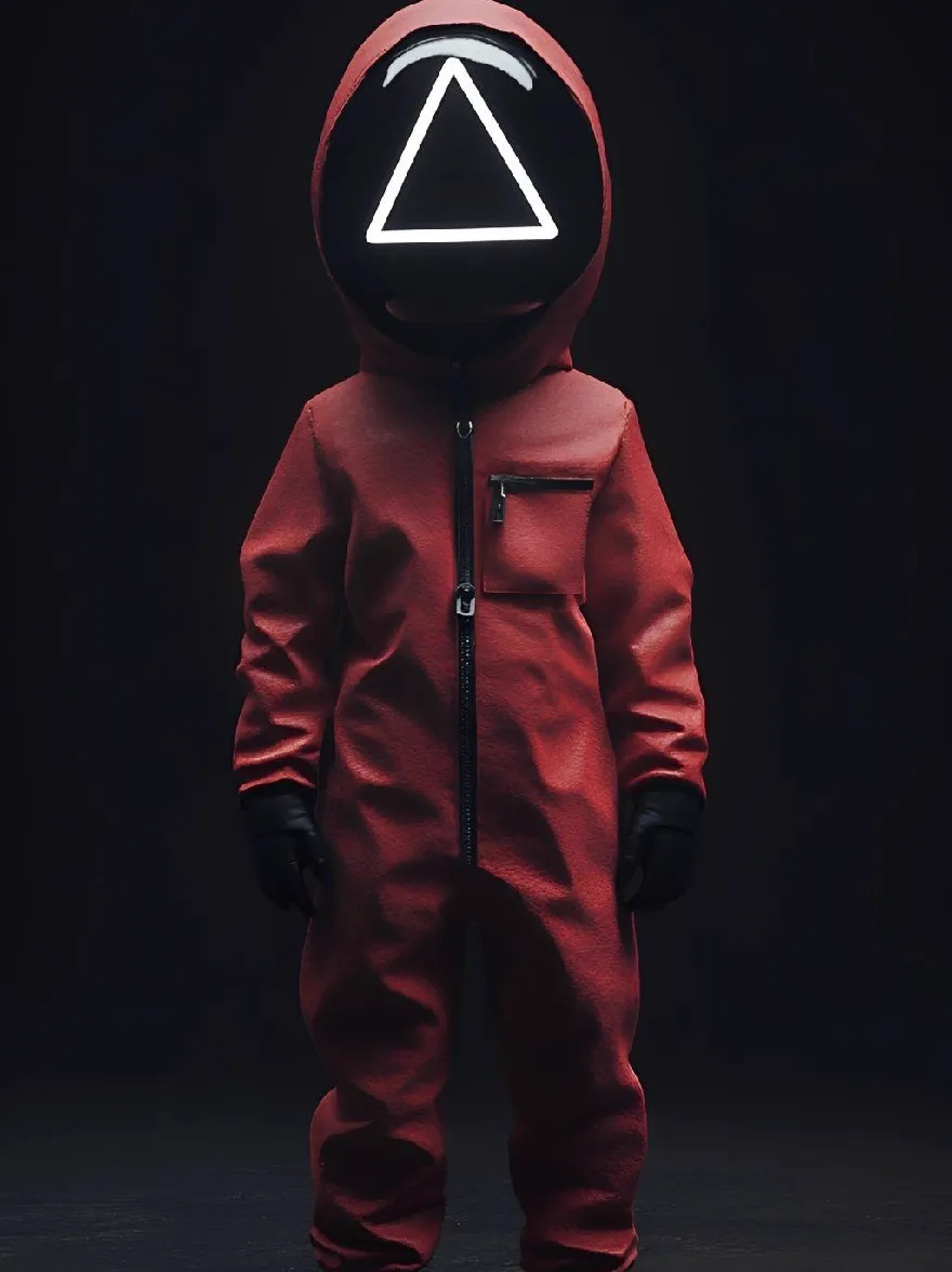 Русский промпт: A minimalistic digital illustration of a child wearing a red jumpsuit with a black hood and a white triangle symbol on the front. The child is standing in the center of the image, facing the viewer, with their hands in their pockets. The jumpsuit has a zipper running down the front and is made of a soft, velvety material. The background is dark, with a simple, minimalist design. The image has a minimalist, dark aesthetic with a focus on the child's face and clothing. Общее настроение жуткое и загадочное. | Original prompt: A minimalistic digital illustration of a child wearing a red jumpsuit with a black hood and a white triangle symbol on the front. The child is standing in the center of the image, facing the viewer, with their hands in their pockets. The jumpsuit has a zipper running down the front and is made of a soft, velvety material. The background is dark, with a simple, minimalist design. The image has a minimalist, dark aesthetic with a focus on the child's face and clothing. The overall mood is eerie and mysterious.