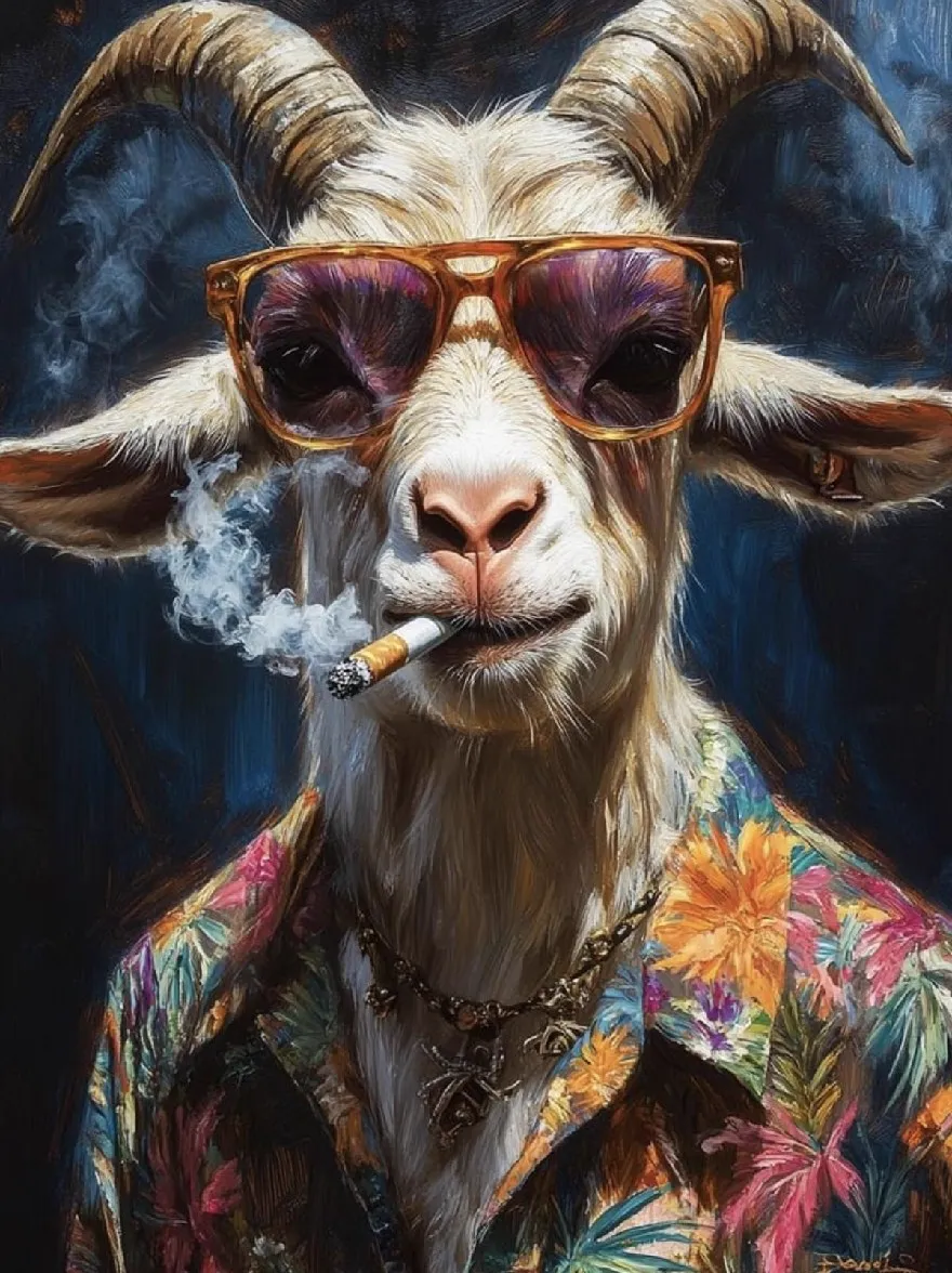 Русский промпт: Очень детальная цифровая картина козьей в солнцезащитных очках и красочной цветочной рубашке, курящей сигарету. Коза имеет белый мех, большие изогнутые рога и дружеское выражение. Фон - темный, дымный синий с оттенком дыма. Работа выполняется в реалистичном стиле с яркими цветами и замысловатыми деталями. Картина подписана художником в правом нижнем углу. | Original prompt: A highly detailed digital painting of a goat wearing sunglasses and a colorful floral shirt, smoking a cigarette. The goat has white fur, large curved horns, and a friendly expression. The background is a dark, smoky blue with a hint of smoke. The artwork is done in a realistic style with vibrant colors and intricate details. The painting is signed by the artist in the bottom right corner.