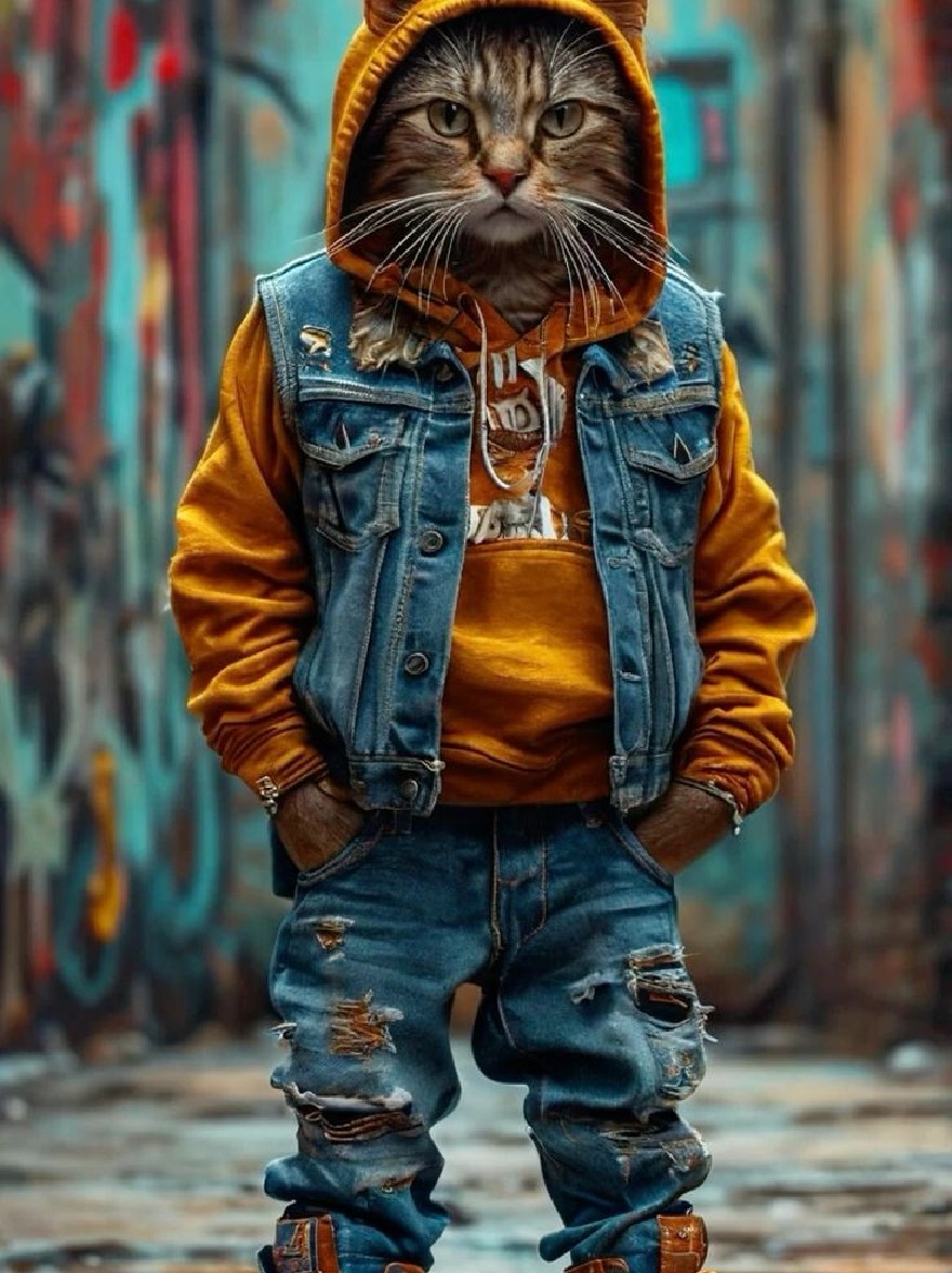 Русский промпт: Симпатичный, антропоморфный кот в желтой толстовке с капюшоном, рваный джинсовый жилет и разорванные голубые джинсы, стоящие в переулке с граффити. Кошка имеет серьезное выражение, глядя прямо на камеру. Фон размыт, с красочными граффити на стенах. Мальчик стоит в центре изображения, с руками в карманах. Он носит апельсиновые кроссовки. Изображение имеет прохладную хипстерскую атмосферу. | Original prompt: A cute, anthropomorphic cat wearing a yellow hoodie, a ripped denim vest, and ripped blue jeans, standing in a graffiti-covered alleyway. The cat has a serious expression, looking directly at the camera. The background is blurred, with colorful graffiti on the walls. The boy is standing in the center of the image, with his hands in his pockets. He is wearing orange sneakers. The image has a cool, hipster vibe.