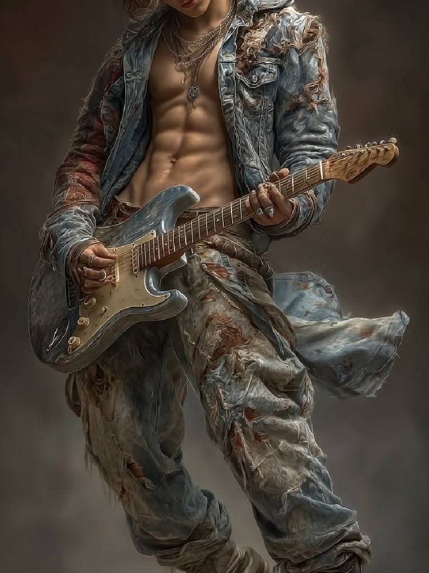 Русский промпт: Очень детальная цифровая живопись мускулистого мужчины без рубашки с вьющимися волнистыми каштановыми волосами, играющими на электрогитаре. Он носит огорченную джинсовую куртку с пятнами синих и красных, рваных джинсов и боевых ботинок. У него серьезное выражение на лице. Фон - темный, дымный градиент. Освещение драматично, подчеркивая его тонированное телосложение и текстуру его джинсовой ткани. Стиль реалистичен с акцентом на текстуры и освещение, что дает изображению жизненное качество. | Original prompt: A highly detailed digital painting of a muscular, shirtless man with curly, wavy brown hair playing an electric guitar. He is wearing a distressed denim jacket with patches of blue and red, ripped jeans, and combat boots. He has a serious expression on his face. The background is a dark, smoky gradient. The lighting is dramatic, highlighting his toned physique and the texture of his denim. The style is realistic with a focus on textures and lighting, giving the image a lifelike quality.