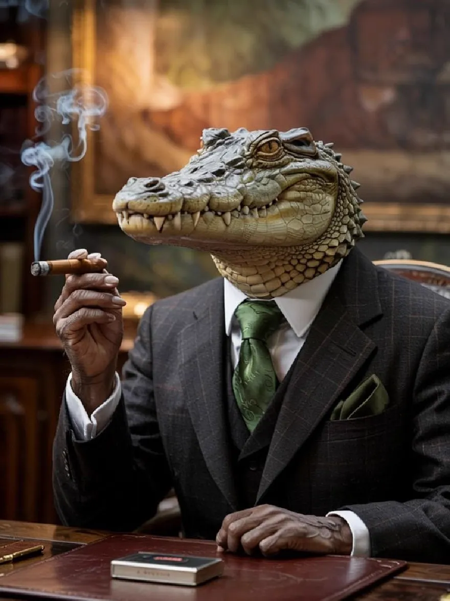 Русский промпт: Фотография похожих на крокодило, сидящего за столом, курит сигару. Он носит темный костюм с белой рубашкой и зеленым галстуком. У этого человека серьезное выражение на лице. Стол сделан из дерева, имеет книгу и ручку. Фон размыт, но он, кажется, является деревенской обстановкой с большой картиной на стене. Освещение тепло и мягкое, создавая уютную атмосферу. | Original prompt: Photo of a crocodile-like man sitting at a desk, smoking a cigar. He is wearing a dark suit with a white shirt and a green tie. The man has a serious expression on his face. The desk is made of wood and has a book and a pen on it. The background is blurred, but it appears to be a rustic setting with a large painting on the wall. The lighting is warm and soft, creating a cozy atmosphere.