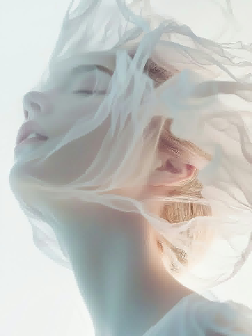 Русский промпт: Фотография женщины с полупрозрачными белыми волосами, дующих на ветру, ее лицо слегка наклонилось в сторону, ее глаза закрылись, а губы слегка расстались. У нее бледный цвет лица и носит минимальную одежду. Фон - простой голубой градиент. Изображение имеет мечтательное, эфирное качество с мягкой, мечтательной атмосферой. Выражение женщины безмятежное и созерцательное. Освещение мягкое и распространенное, создавая ощущение движения и энергии. Общее настроение сюрреалистично и сказочно. | Original prompt: Photograph of a woman with translucent white hair blowing in the wind, her face tilted slightly to the side, her eyes closed, and her lips slightly parted. She has a pale complexion and is wearing minimal clothing. The background is a simple, light blue gradient. The image has a dreamy, ethereal quality with a soft, dreamy atmosphere. The woman's expression is serene and contemplative. The lighting is soft and diffused, creating a sense of movement and energy. The overall mood is surreal and dreamlike.