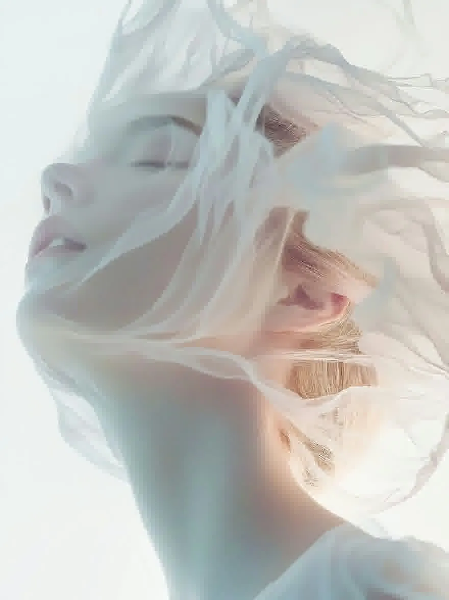 Русский промпт: Фотография женщины с полупрозрачными белыми волосами, дующих на ветру, ее лицо слегка наклонилось в сторону, ее глаза закрылись, а губы слегка расстались. У нее бледный цвет лица и носит минимальную одежду. Фон - простой голубой градиент. Изображение имеет мечтательное, эфирное качество с мягкой, мечтательной атмосферой. Выражение женщины безмятежное и созерцательное. Освещение мягкое и распространенное, создавая ощущение движения и энергии. Общее настроение сюрреалистично и сказочно. | Original prompt: Photograph of a woman with translucent white hair blowing in the wind, her face tilted slightly to the side, her eyes closed, and her lips slightly parted. She has a pale complexion and is wearing minimal clothing. The background is a simple, light blue gradient. The image has a dreamy, ethereal quality with a soft, dreamy atmosphere. The woman's expression is serene and contemplative. The lighting is soft and diffused, creating a sense of movement and energy. The overall mood is surreal and dreamlike.
