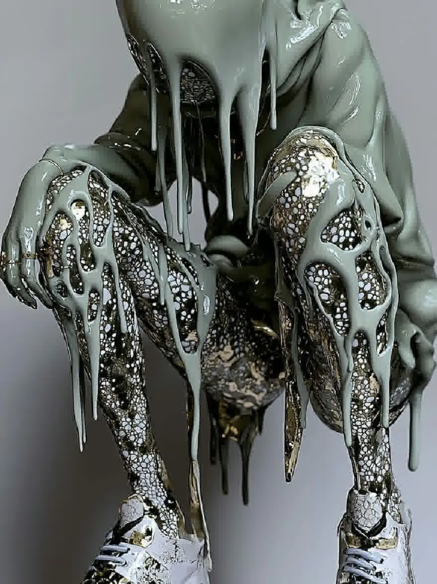 Русский промпт: 3D-рендеринг гуманоидной фигуры с слизистым внешним видом, сидя на земле, ноги раздвигаются. Фигура покрыта толстым слоем зеленой слизи, который капает по их лицу и телу. У слизи есть металлический блеск, придающий ей текстурированную внешность. Фон - простой, приглушенный серый. Изображение очень подробно и реалистично, с акцентом на текстуры и выражение фигуры. Общее настроение жуткое и сюрреалистическое. | Original prompt: A 3D rendering of a humanoid figure with a slime-like appearance, sitting on the ground with their legs spread apart. The figure is covered in a thick layer of green slime, which is dripping down their face and body. The slime has a metallic sheen, giving it a textured appearance. The background is a plain, muted grey. The image is highly detailed and realistic, with a focus on the figure's textures and expression. The overall mood is eerie and surreal.