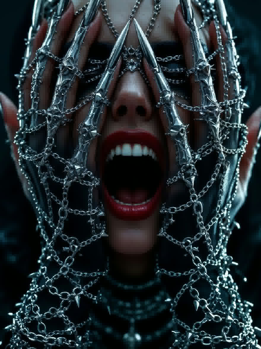Русский промпт: Крупным планом лица женщины, с широко открытым ртом, обнаруживая острые зубы и красная помада. У нее бледная кожа, и она носит темный готический наряд с серебряными цепями и шипами, покрывающими ее лицо и руки. Фон темный и размытый, что придает образу таинственное и жуткое чувство. Освещение драматично, подчеркивая сложные детали цепочек и выражения женщины. Изображение имеет темную и капризную атмосферу с акцентом на женщину и ее уникальный дизайн. | Original prompt: A close-up of a woman's face, with her mouth open wide, revealing sharp teeth and red lipstick. She has pale skin and is wearing a dark, gothic outfit with silver chains and spikes covering her face and hands. The background is dark and blurred, giving the image a mysterious and eerie feel. The lighting is dramatic, highlighting the intricate details of the chains and the woman's expression. The image has a dark and moody atmosphere, with a focus on the woman and her unique design.
