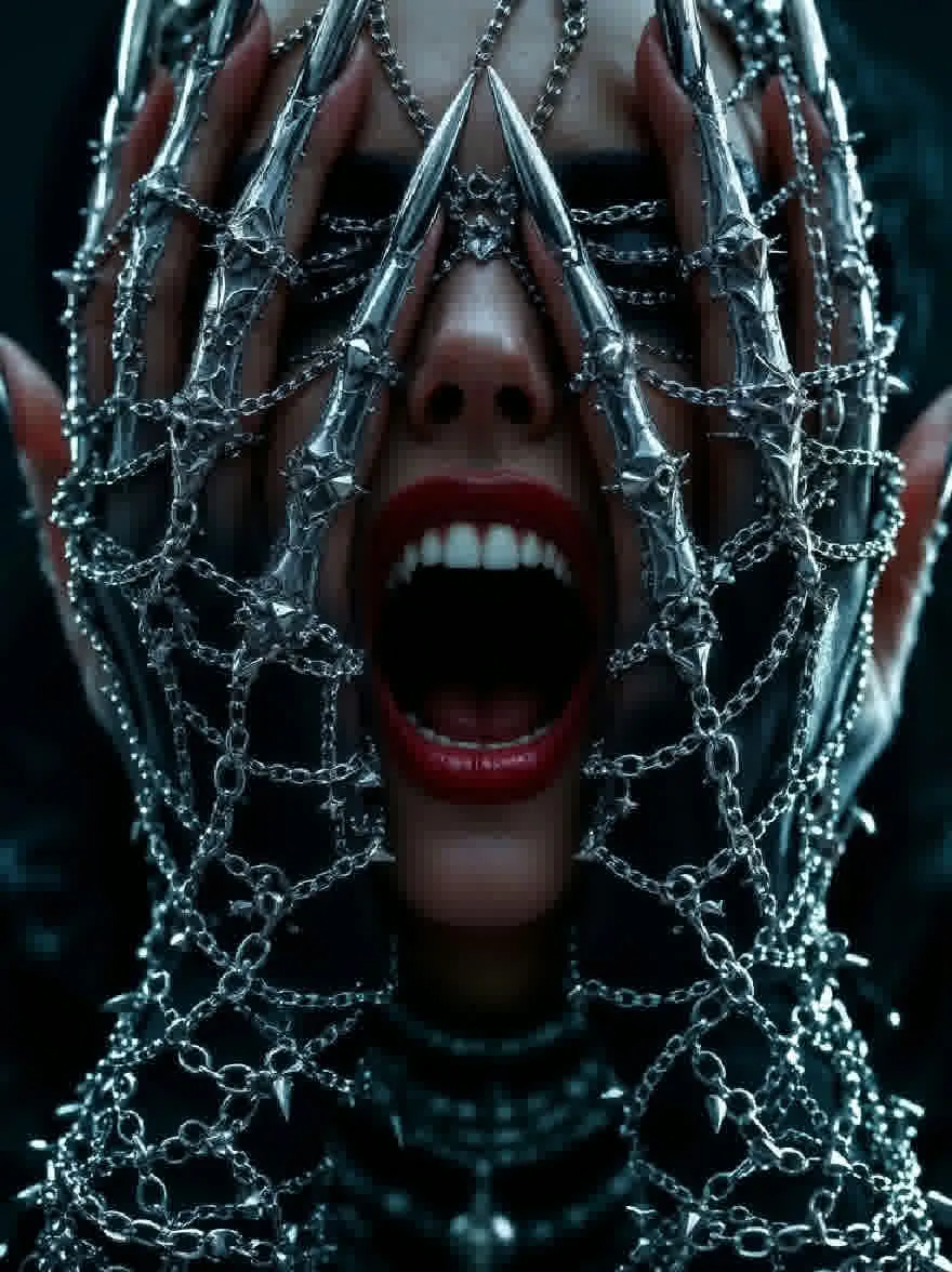 Русский промпт: Крупным планом лица женщины, с широко открытым ртом, обнаруживая острые зубы и красная помада. У нее бледная кожа, и она носит темный готический наряд с серебряными цепями и шипами, покрывающими ее лицо и руки. Фон темный и размытый, что придает образу таинственное и жуткое чувство. Освещение драматично, подчеркивая сложные детали цепочек и выражения женщины. Изображение имеет темную и капризную атмосферу с акцентом на женщину и ее уникальный дизайн. | Original prompt: A close-up of a woman's face, with her mouth open wide, revealing sharp teeth and red lipstick. She has pale skin and is wearing a dark, gothic outfit with silver chains and spikes covering her face and hands. The background is dark and blurred, giving the image a mysterious and eerie feel. The lighting is dramatic, highlighting the intricate details of the chains and the woman's expression. The image has a dark and moody atmosphere, with a focus on the woman and her unique design.