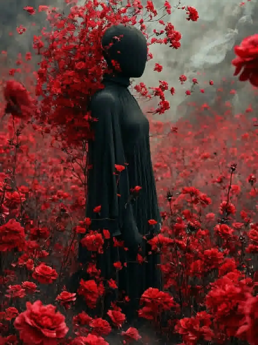 Русский промпт: Темная, капризная, эфирная сцена с силуэтом человека, стоящего среди поля ярких красных роз. Человек носит длинное, темное, текущее черное платье, которое подчеркивает их фигуру, а их лицо скрыто цветами. Фон размыт, с туманной, туманной атмосферой, и общее настроение жуткое и загадочное. Розы разбросаны по всей сцене, а некоторые перекрывают друг друга, создавая ощущение глубины и размерности. Общая эстетика напоминает готический плакат фильма ужасов. | Original prompt: A dark, moody, ethereal scene featuring a silhouette of a person standing amidst a field of vibrant red roses. The person is wearing a long, dark, flowing black dress that accentuates their figure, and their face is obscured by the flowers. The background is blurred, with a misty, foggy atmosphere, and the overall mood is eerie and mysterious. The roses are scattered throughout the scene, with some overlapping each other, creating a sense of depth and dimensionality. The overall aesthetic is reminiscent of a gothic, horror movie poster.