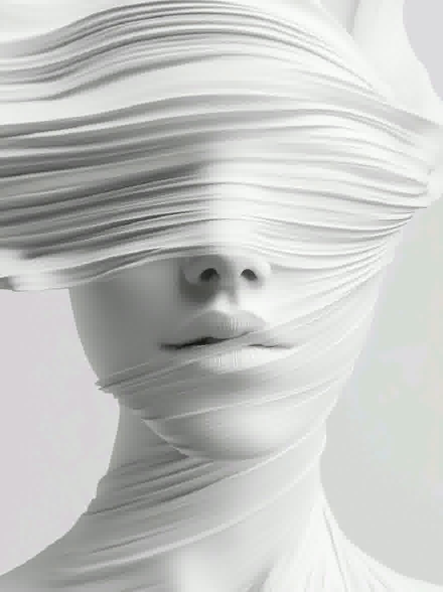 Русский промпт: Черно -белая фотография лица женщины, покрытой тонкими вертикальными полосками белой ткани, которые плотно намотаны вокруг ее лица и шеи, создавая поразительный контраст между ними. Ткань, по -видимому, изготовлена из легкого, дышащего материала, позволяя свету проходить и создавать мягкую шелковистую текстуру. Выражение женщины нейтральное, с ее губами слегка расстались. Фон - простой, светло -серый, который прекрасно контрастирует с белой тканью. Общий эффект является одним из безмятежности и изоляции. Изображение имеет минималистское, художественное ощущение, с акцентом на нежные черты женщины и текстуру ткани. | Original prompt: A black and white photograph of a woman's face covered by thin, vertical strips of white fabric that are tightly wound around her face and neck, creating a striking contrast between the two. The fabric appears to be made of a lightweight, breathable material, allowing the light to pass through and create a soft, silky texture. The woman's expression is neutral, with her lips slightly parted. The background is a plain, light grey, which contrasts nicely with the white fabric. The overall effect is one of serenity and isolation. The image has a minimalist, artistic feel to it, with a focus on the woman's delicate features and the texture of the fabric.