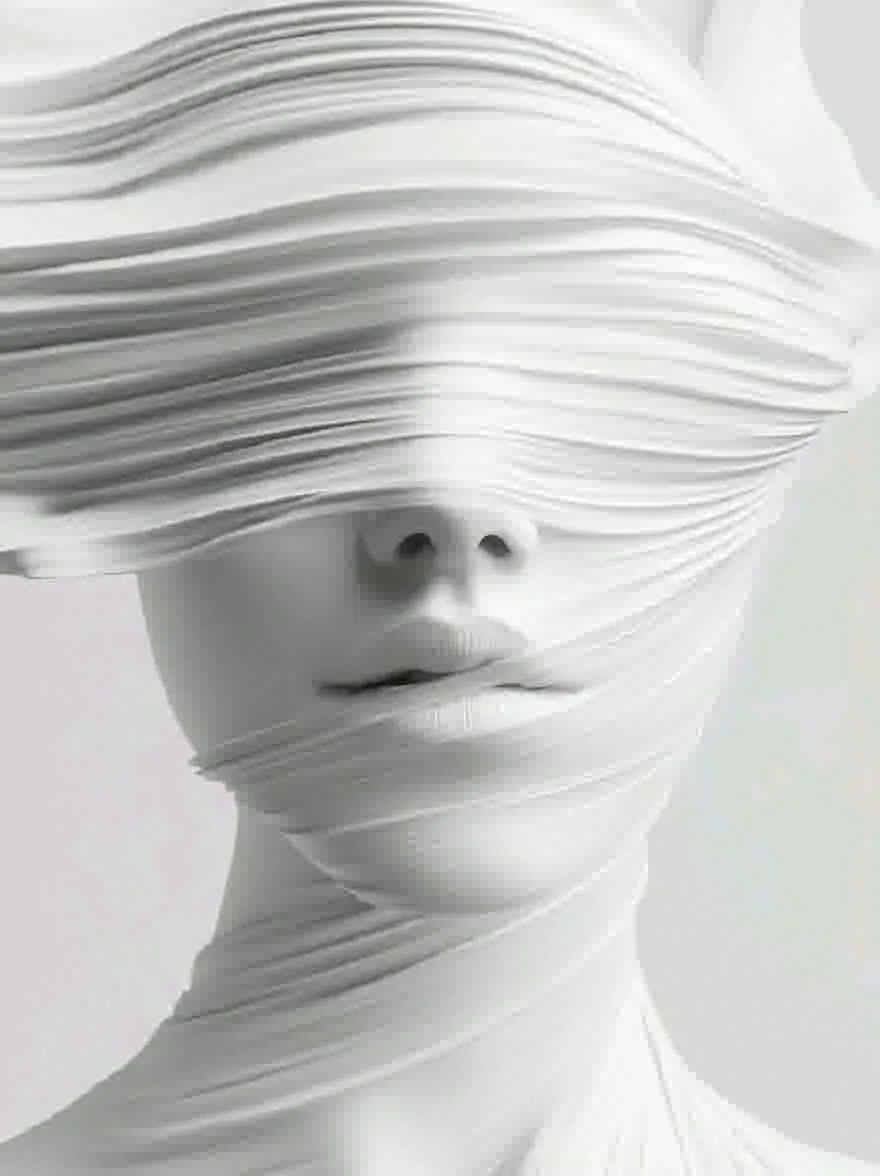 Русский промпт: Черно -белая фотография лица женщины, покрытой тонкими вертикальными полосками белой ткани, которые плотно намотаны вокруг ее лица и шеи, создавая поразительный контраст между ними. Ткань, по -видимому, изготовлена из легкого, дышащего материала, позволяя свету проходить и создавать мягкую шелковистую текстуру. Выражение женщины нейтральное, с ее губами слегка расстались. Фон - простой, светло -серый, который прекрасно контрастирует с белой тканью. Общий эффект является одним из безмятежности и изоляции. Изображение имеет минималистское, художественное ощущение, с акцентом на нежные черты женщины и текстуру ткани. | Original prompt: A black and white photograph of a woman's face covered by thin, vertical strips of white fabric that are tightly wound around her face and neck, creating a striking contrast between the two. The fabric appears to be made of a lightweight, breathable material, allowing the light to pass through and create a soft, silky texture. The woman's expression is neutral, with her lips slightly parted. The background is a plain, light grey, which contrasts nicely with the white fabric. The overall effect is one of serenity and isolation. The image has a minimalist, artistic feel to it, with a focus on the woman's delicate features and the texture of the fabric.