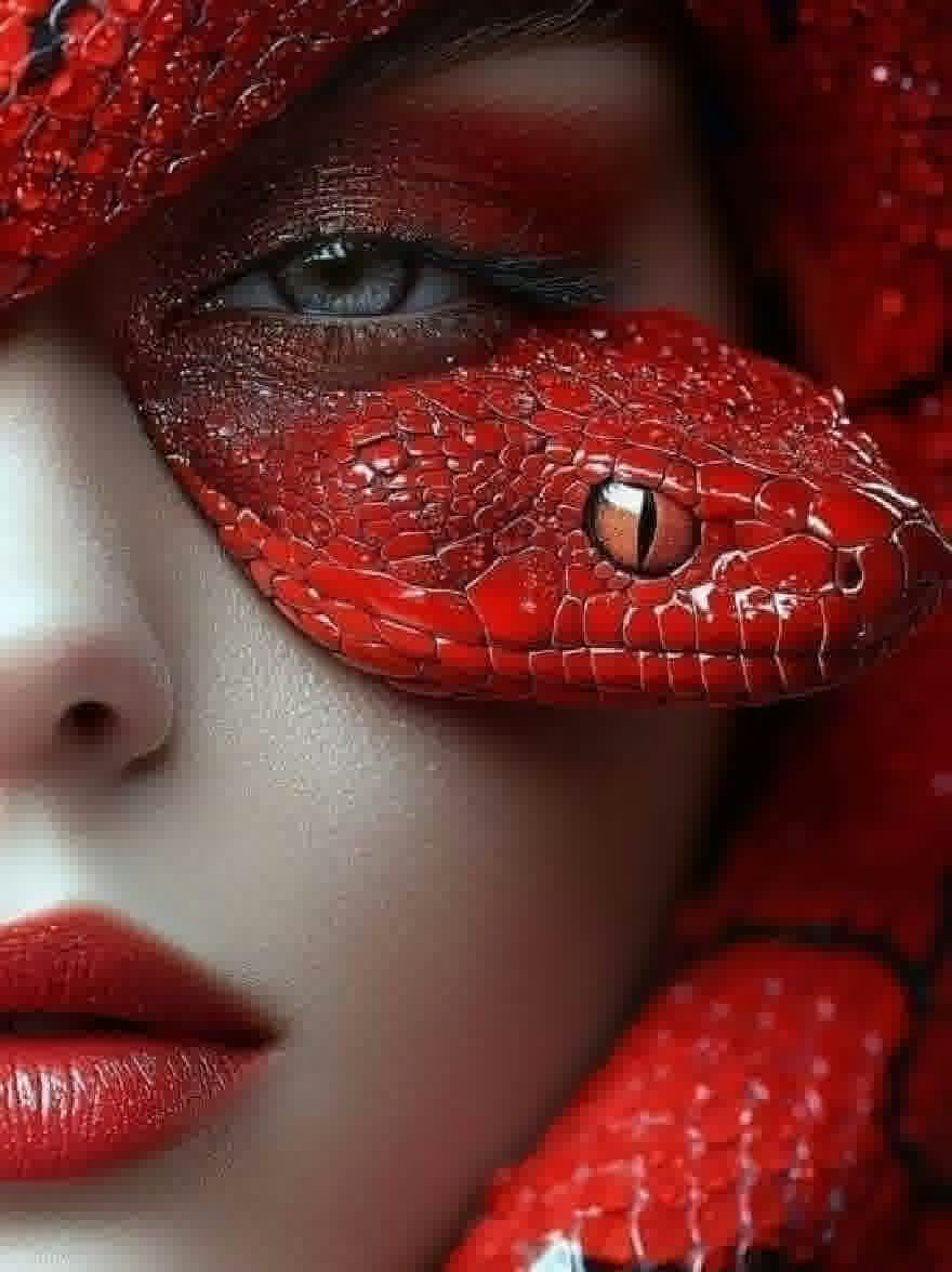 Русский промпт: Крупным планом фотографии лица женщины с яркой текстурой кожи красной змеи, покрывающей ее глаза и нос. У нее поразительные голубые глаза и красная помада. Ее кожа бледная и гладкая, с тонким блеском. Кожа змеи представляет собой глубокий, яркий красный, плавно смешиваясь в ее лицо. Фон размыт, что позволяет фокусировке оставаться на женщине и змее. Освещение драматичное, подчеркивая весы змеи и макияж женщины. Общий эффект - это экзотическая красота и изощренность. | Original prompt: A close-up photograph of a woman's face with a striking red snake skin texture covering her eyes and nose. She has striking blue eyes and red lipstick. Her skin is pale and smooth, with a subtle sheen. The snake's skin is a deep, vibrant red, blending seamlessly into her face. The background is blurred, allowing the focus to remain on the woman and the snake. The lighting is dramatic, highlighting the snake's scales and the woman's makeup. The overall effect is one of exotic beauty and sophistication.