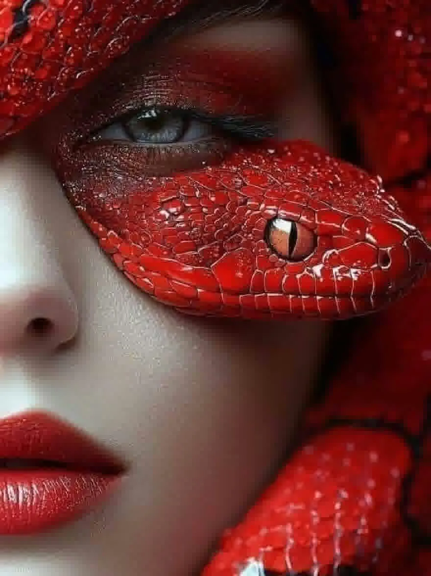 Русский промпт: Крупным планом фотографии лица женщины с яркой текстурой кожи красной змеи, покрывающей ее глаза и нос. У нее поразительные голубые глаза и красная помада. Ее кожа бледная и гладкая, с тонким блеском. Кожа змеи представляет собой глубокий, яркий красный, плавно смешиваясь в ее лицо. Фон размыт, что позволяет фокусировке оставаться на женщине и змее. Освещение драматичное, подчеркивая весы змеи и макияж женщины. Общий эффект - это экзотическая красота и изощренность. | Original prompt: A close-up photograph of a woman's face with a striking red snake skin texture covering her eyes and nose. She has striking blue eyes and red lipstick. Her skin is pale and smooth, with a subtle sheen. The snake's skin is a deep, vibrant red, blending seamlessly into her face. The background is blurred, allowing the focus to remain on the woman and the snake. The lighting is dramatic, highlighting the snake's scales and the woman's makeup. The overall effect is one of exotic beauty and sophistication.
