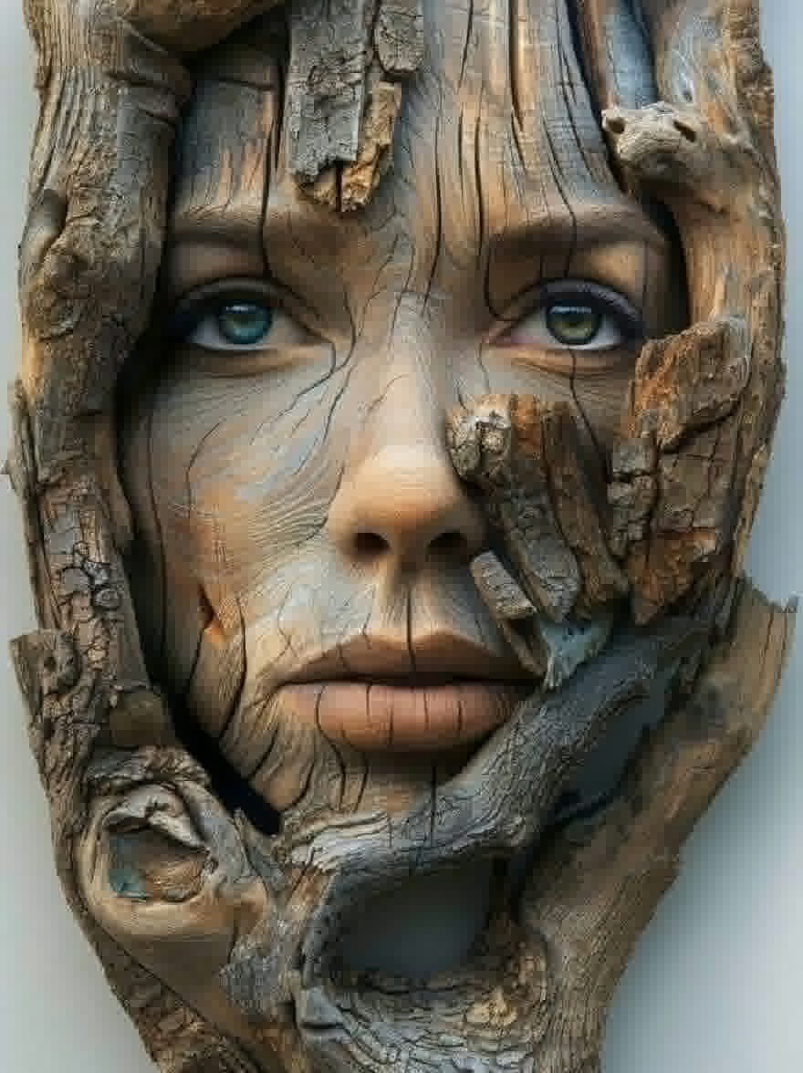 Русский промпт: Крупным планом фотографии женского лица, лепленная из коры дерева, с замысловатыми деталями и текстурами. У женщины бледная кожа, голубые глаза и безмятежное выражение. Ее волосы скручены и корячны, и у нее грубая текстура. Фон - простой светло -голубой цвет. Освещение мягкое и естественное, подчеркивая текстуру коры. Изображение очень подробно и реалистично, с акцентом на особенности лица и выражение лица женщины. | Original prompt: A close-up photograph of a woman's face, sculpted from tree bark, with intricate details and textures. The woman has pale skin, blue eyes, and a serene expression. Her hair is twisted and gnarled, and she has a rough texture. The background is a simple, light blue color. The lighting is soft and natural, highlighting the texture of the bark. The image is highly detailed and realistic, with a focus on the woman's facial features and expression.